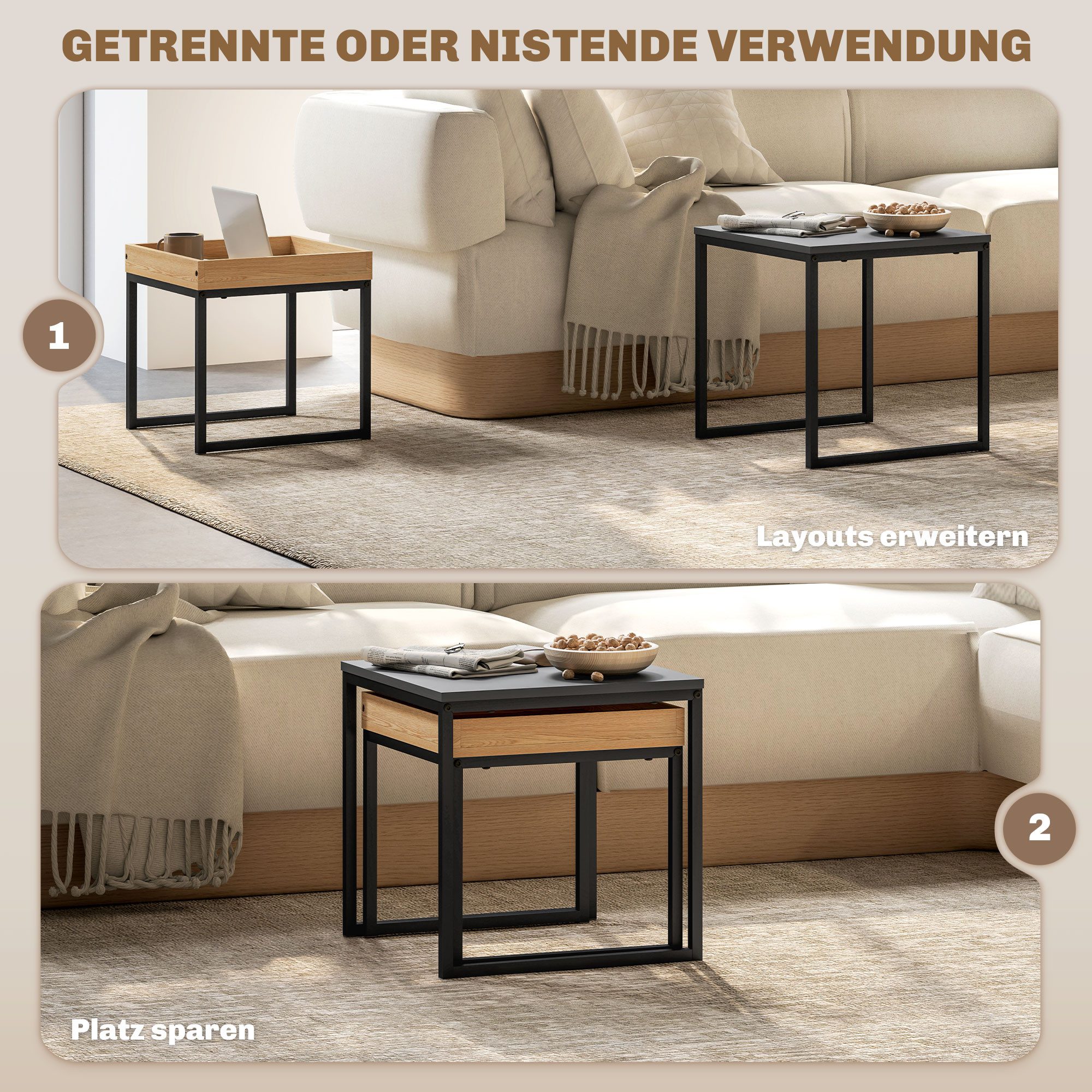 HOMCOM Couchtisch Satztisch mit Abnehmbarem Tablett, Stahlgestell, für Schlafzimmer (Kaffeetisch, 2-St., Eckiger Beistelltisch), für Wohnzimmer, bis 30 kg Belas – Bild 4 von 5