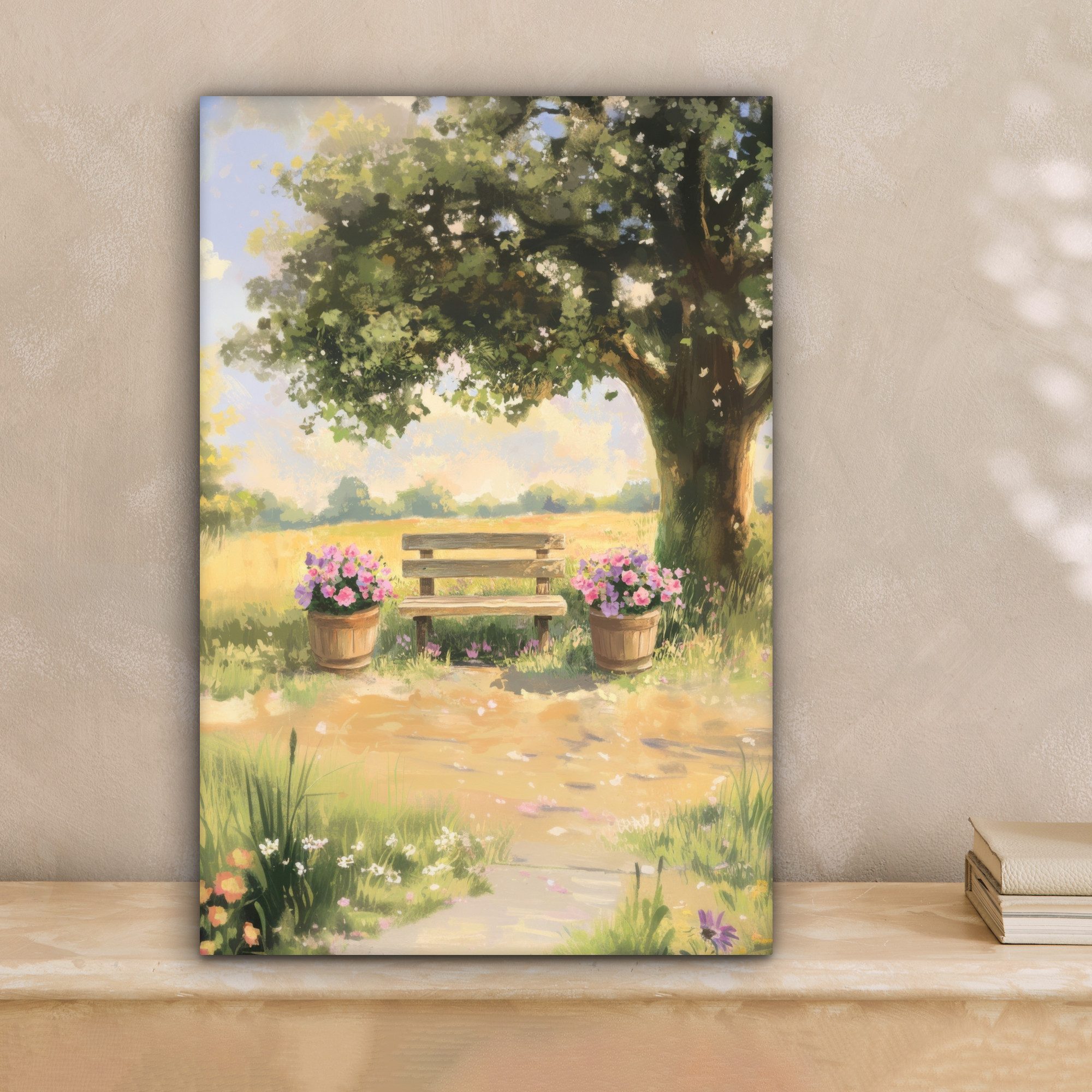 OneMillionCanvasses® Leinwandbild Holzbank - Blumentöpfe - günstig online kaufen