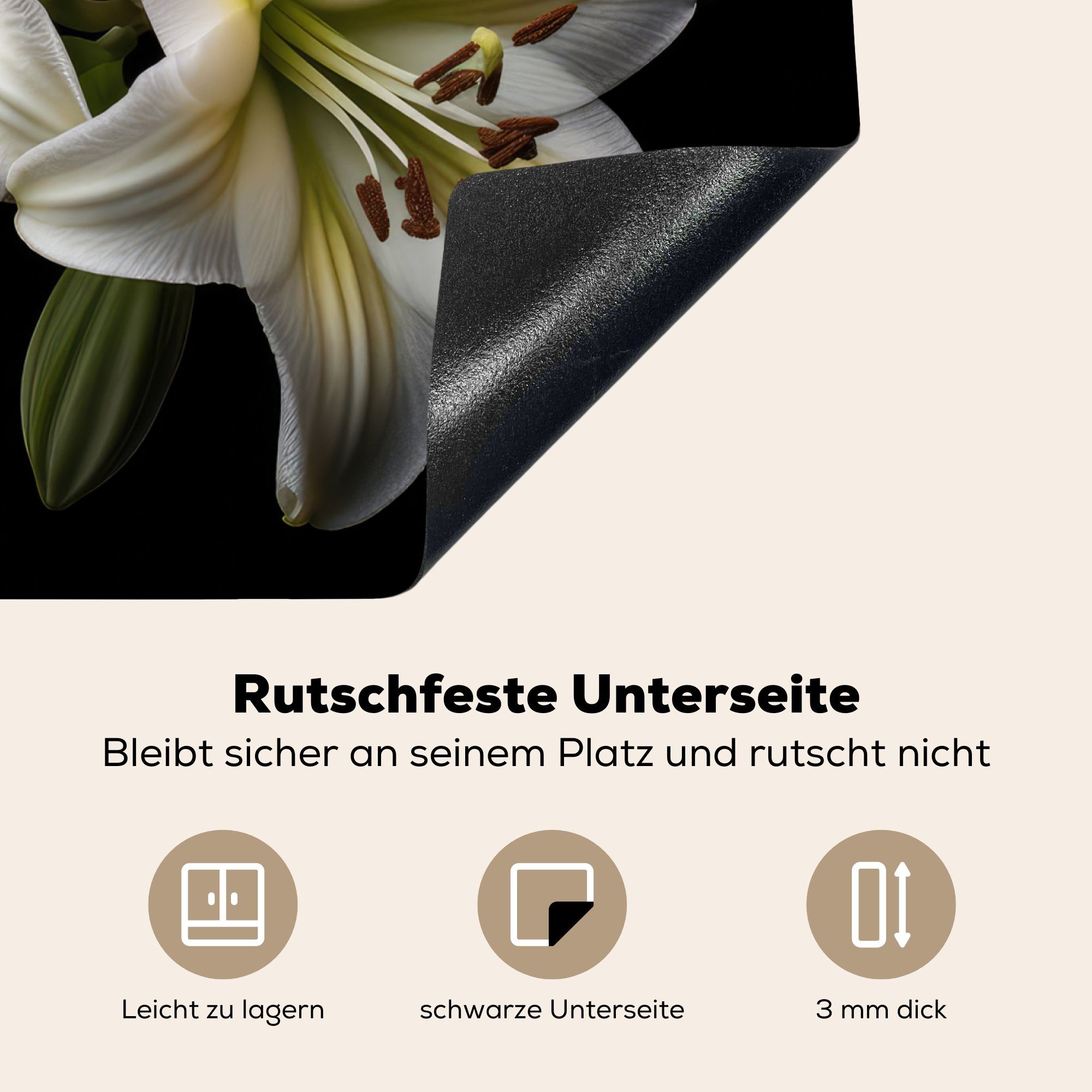 MuchoWow Herdblende-/Abdeckplatte nutzbar, Lilie (1 tlg), - Weiß Natur - Botanisch, - Mobile Blumen Ceranfeldabdeckung Arbeitsfläche 60x52 - Vinyl, cm