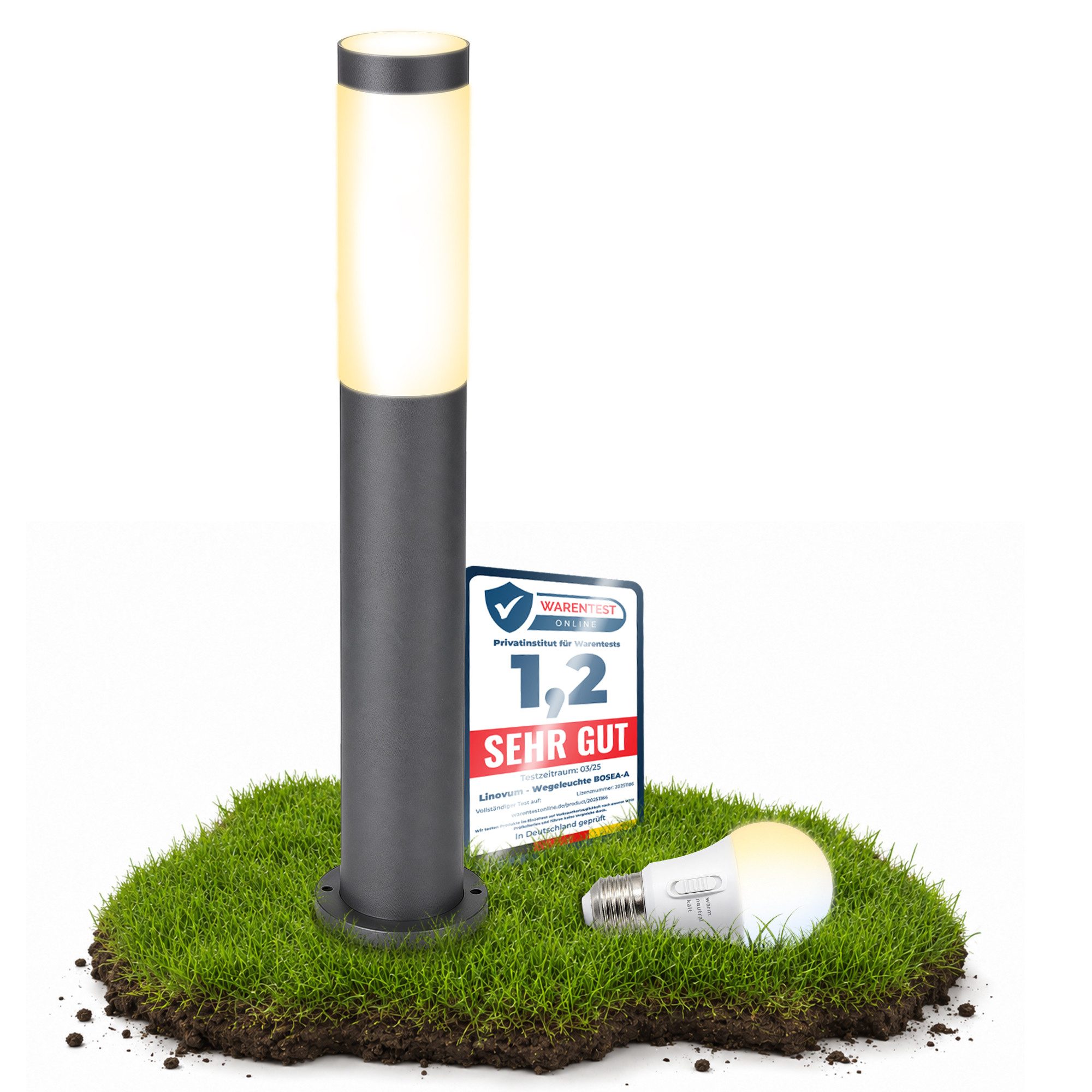 SSC-LUXon LED Pollerleuchte BOSEA-A Wegeleuchte Außenlampe IP44 LED Glühbirne 8W 3in1 Lichtfarbe, Neutralweiß, Warmweiß, Tageslichtweiß