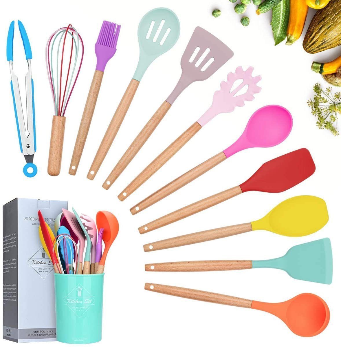 Faizee Home Kochbesteck-Set 12-teiliges Silikon-Küchenhelfer-Set mit Holzgriff (12-tlg)