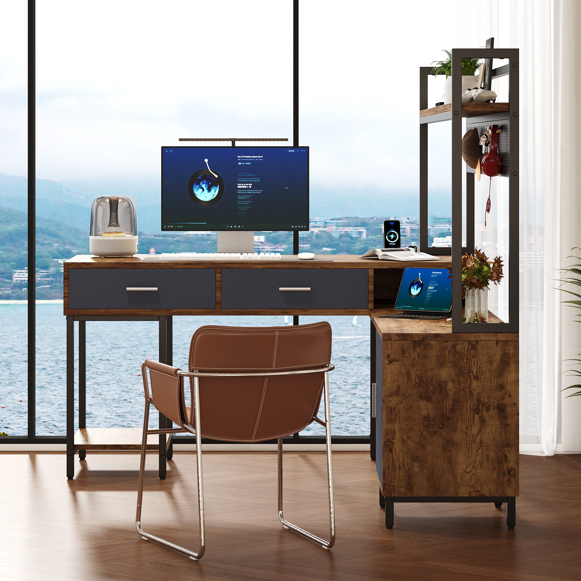 Merax Eckschreibtisch L-Förmiger Schreibtisch Im Industriestil Mit Schrank & Schubladen (1-St., Eckschreibtisch Mit Metallrahmen), Bürotisch Mit Stauraum