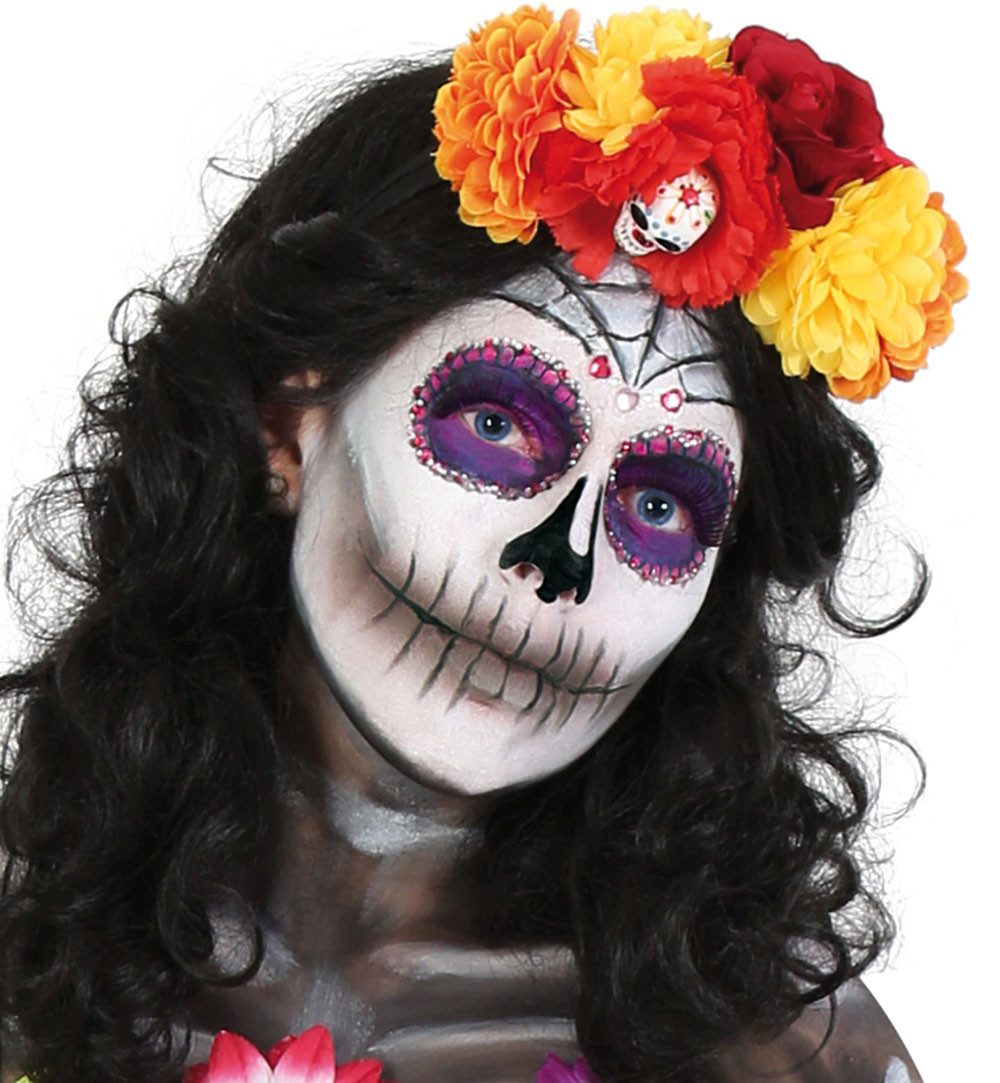 Fries Haarreif Haarreif Sugar Skull mit Blumen Totenkopf Halloween Karneval Fasching, Ideal für Halloween