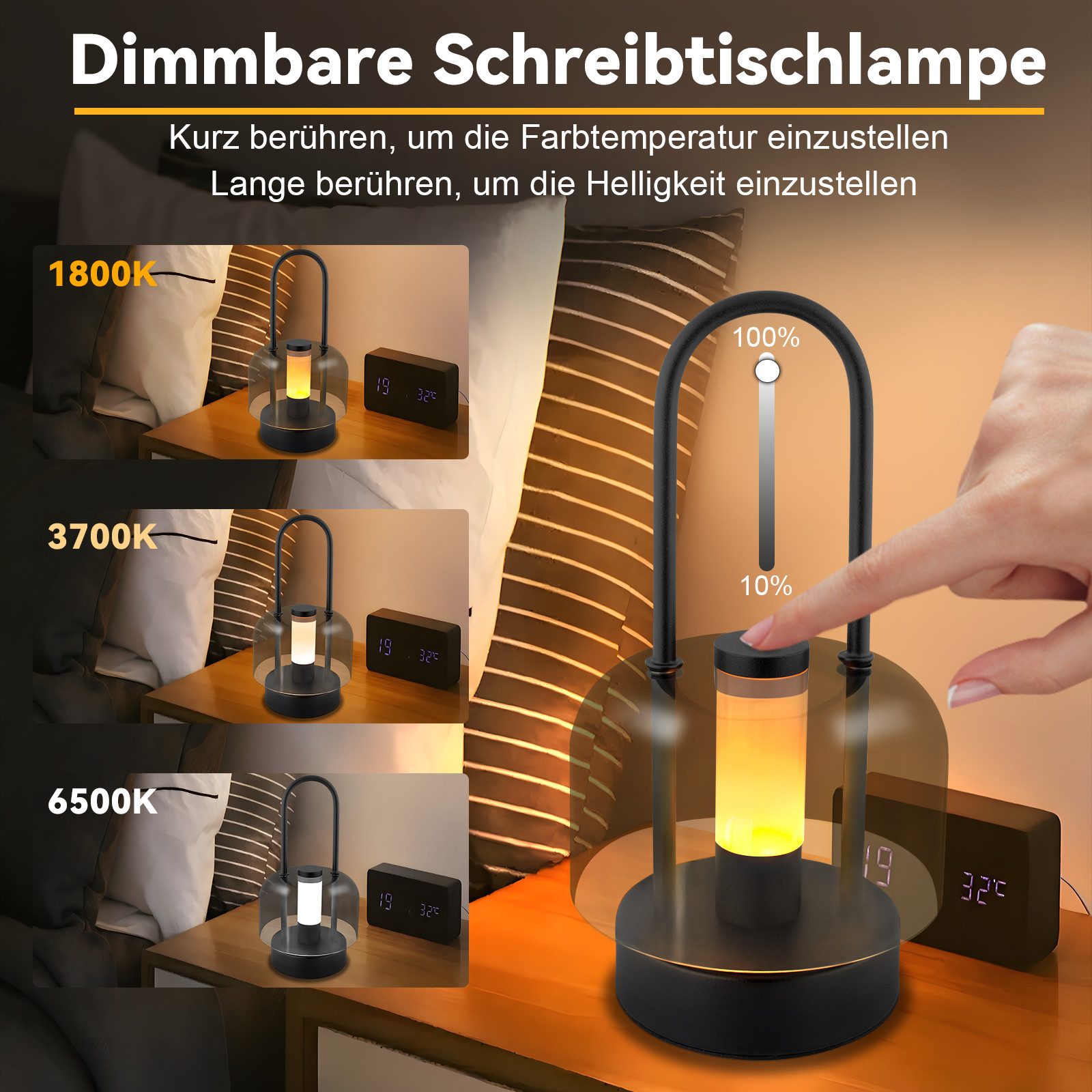 ZMH LED Tischleuchte Tischlampe Akku LED Tragbare Tischleuchte, TragbarTischlampe, ohne Leuchtmittel, Kabellos Nachttischlampe Dimmbare 1800K-6500K – Bild 3 von 5