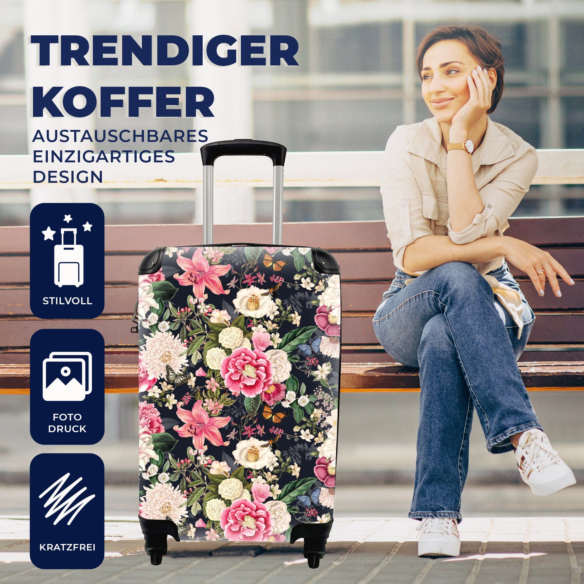 MuchoWow Handgepäckkoffer Lilie Rollen, Handgepäck 4 - mit - Ferien, Farben, Schmetterling Reisetasche Trolley, für Reisekoffer rollen