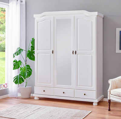Inter Link Kleiderschrank Kappl Massivholz, 3 Schubladen, Spiegeltür, 3 Türen, weiß lackiert, Landhausstil