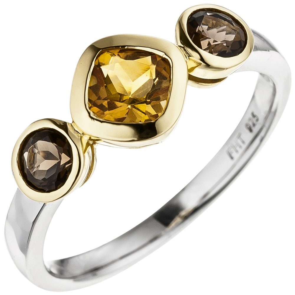 Schmuck Krone Silberring Ring gelber Citrin zwischen Rauchquarzen 925 Silber Gelbgold vergoldet bicolor, Silber 925