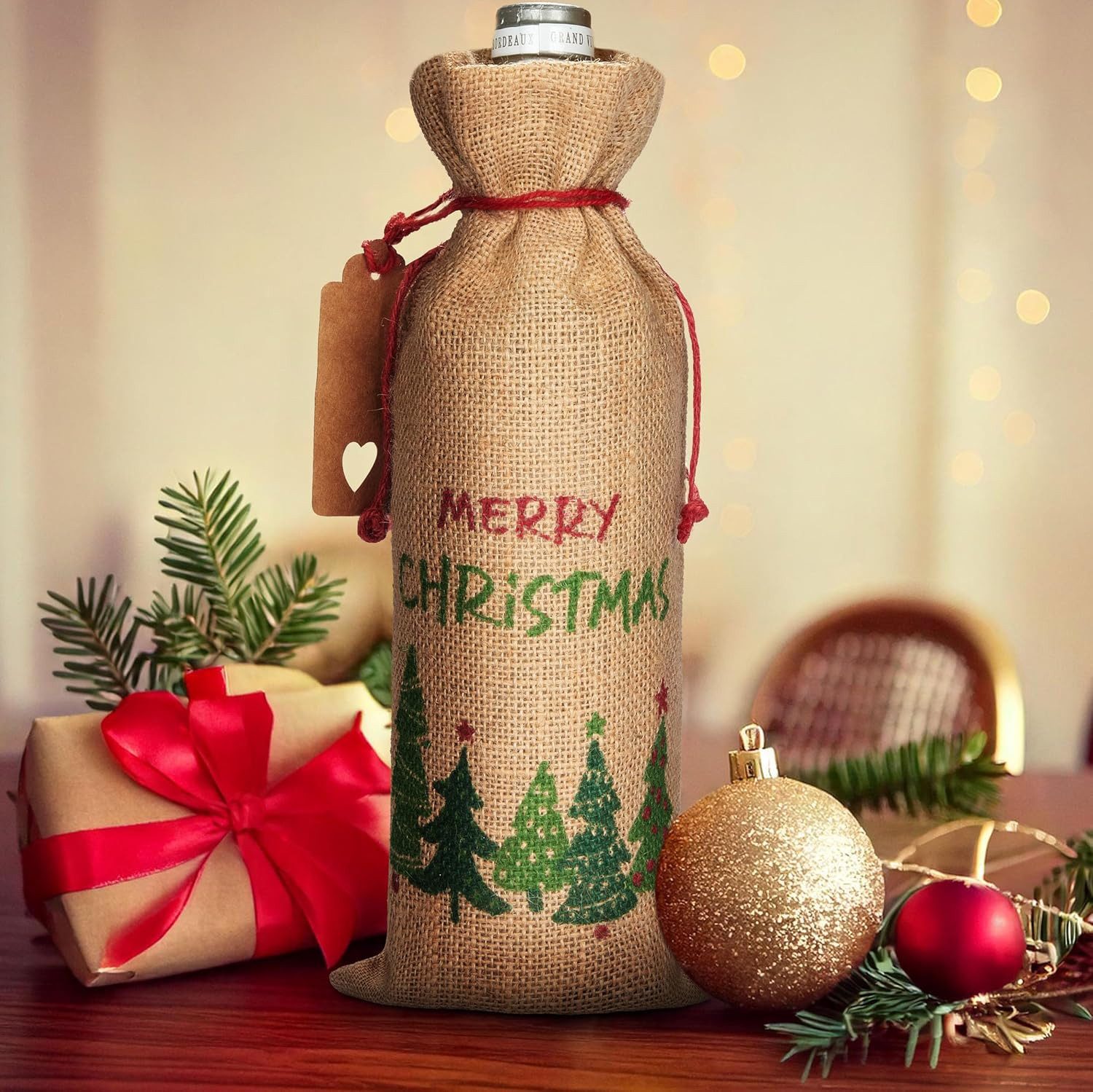 BRUBAKER Weinflaschenhalter Merry Christmas Grün/Rot, (Weintasche, Sack, Geschenk für Wein, Sekt und Champagner -, 15-St., Flaschenbeutel für Weihnachtsgeschenk), 36 cm x 17 cm Weinsack aus Jute