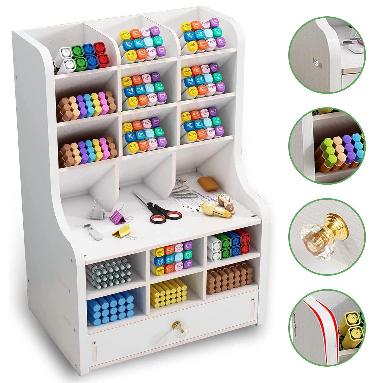 OKWISH Organizer Stifteköcher Multifunktionale Desktop Schreibwaren Stifthalterbox (28x15x32 cm platzsparend und multifunktional, 1 St., 9x Kippfächer 6x Fächer mit flachem Boden 1x ausziehbare Schublade), Marker Halter für Büro Schule Kosmetik Aufbewahrung