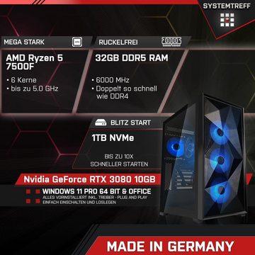SYSTEMTREFF Gaming-PC (AMD Ryzen 5 7500F, GeForce RTX 3080, 32 GB RAM, 1000 GB SSD, Wasserkühlung, Windows 11, WLAN)
