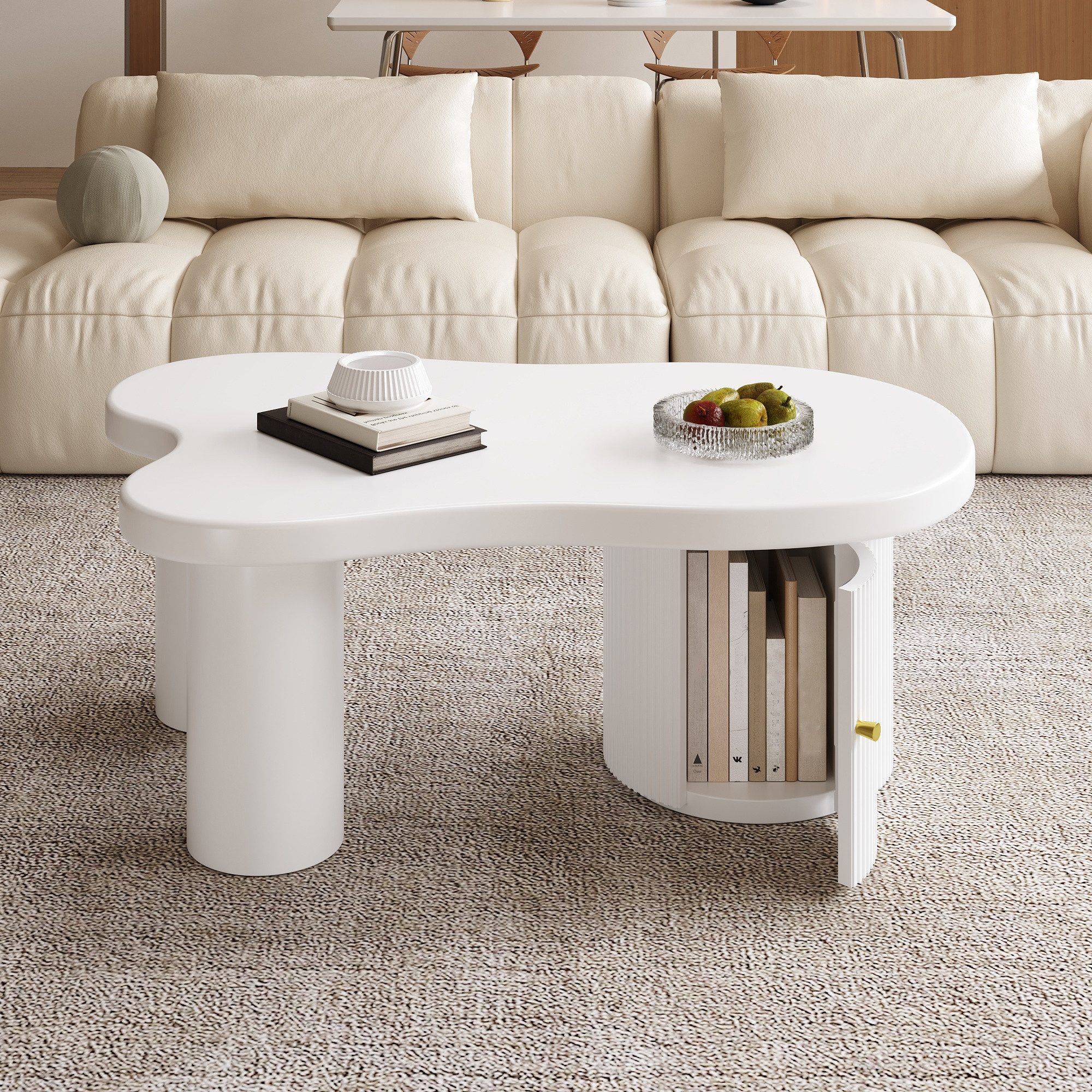 Furnishings Home Couchtisch Mit Stauraum Asymmetrischer stilvoll und robust für Wohnzimmer & Büro (1-St), Die geschwungene Silhouette zylindrischem Fuß 100 L x 60 B x 37 H