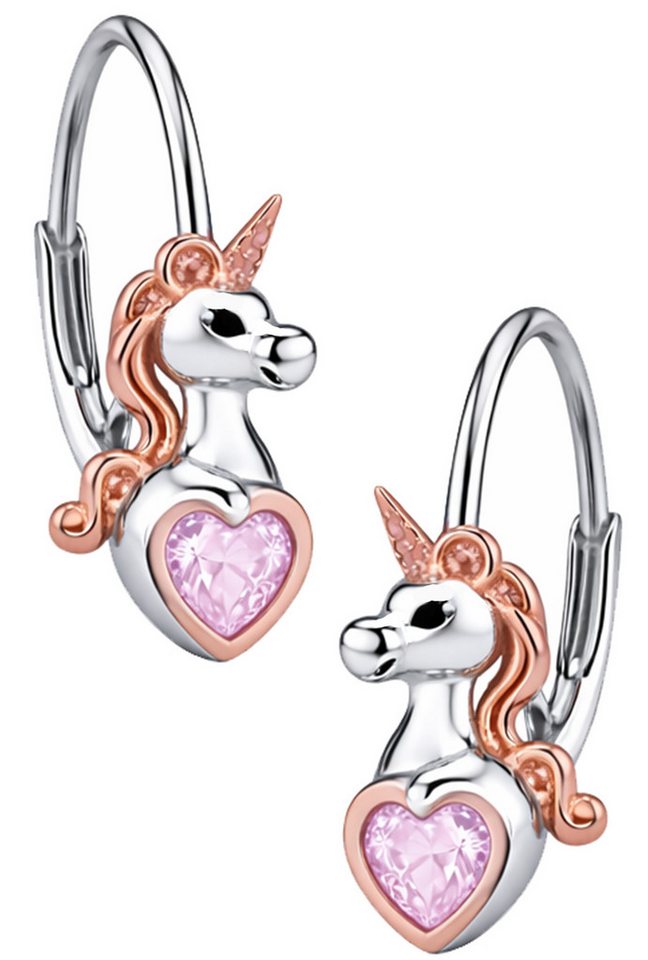 Limana Paar Creolen Kinder Ohrringe Einhorn 925 Silber Brisuren Herz Zirkonia Mädchen (Silberschmuck Schmuck Kinderschmuck inkl. Dose), Geschenk Einschulung Schulanfang Ostern Geburtstag Weihnachten