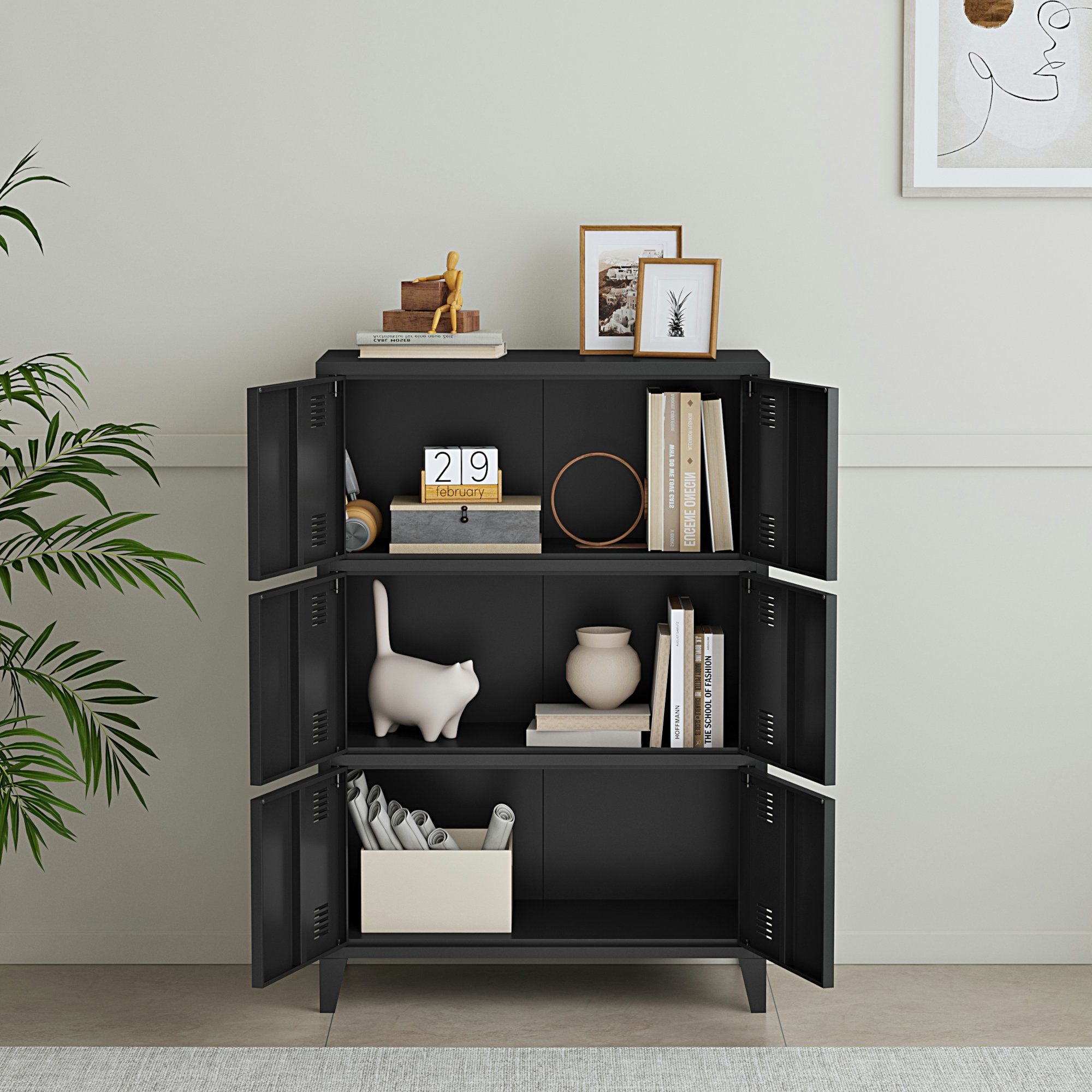 en.casa Mehrzweckschrank »Hamina« Büroschrank mit 6 Türen 80x140x113 cm Schwarz