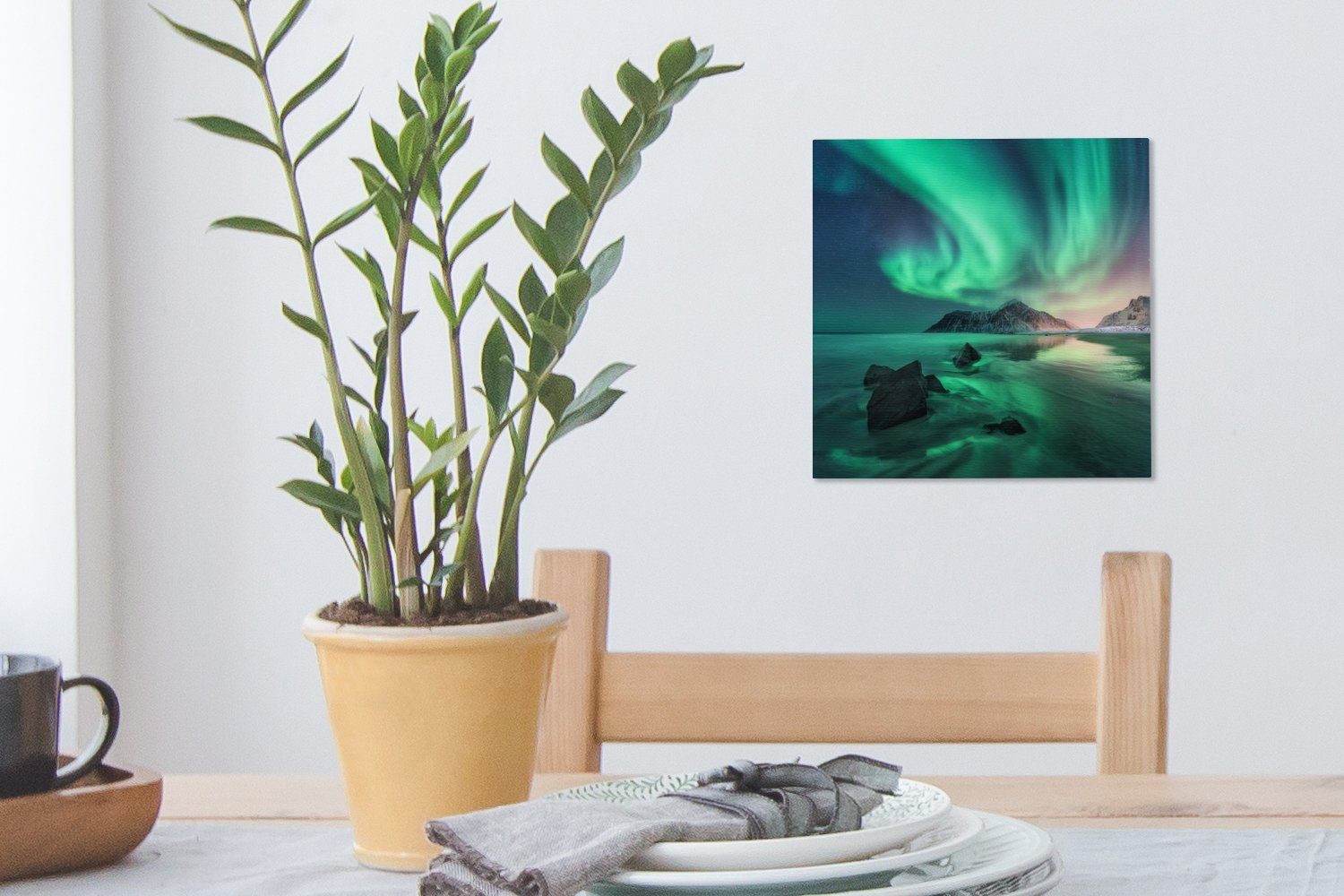 OneMillionCanvasses® Leinwandbild Nordlichter - Reflexion (1 Nacht Schlafzimmer - Leinwand Norwegen, Bilder Wohnzimmer St), - für