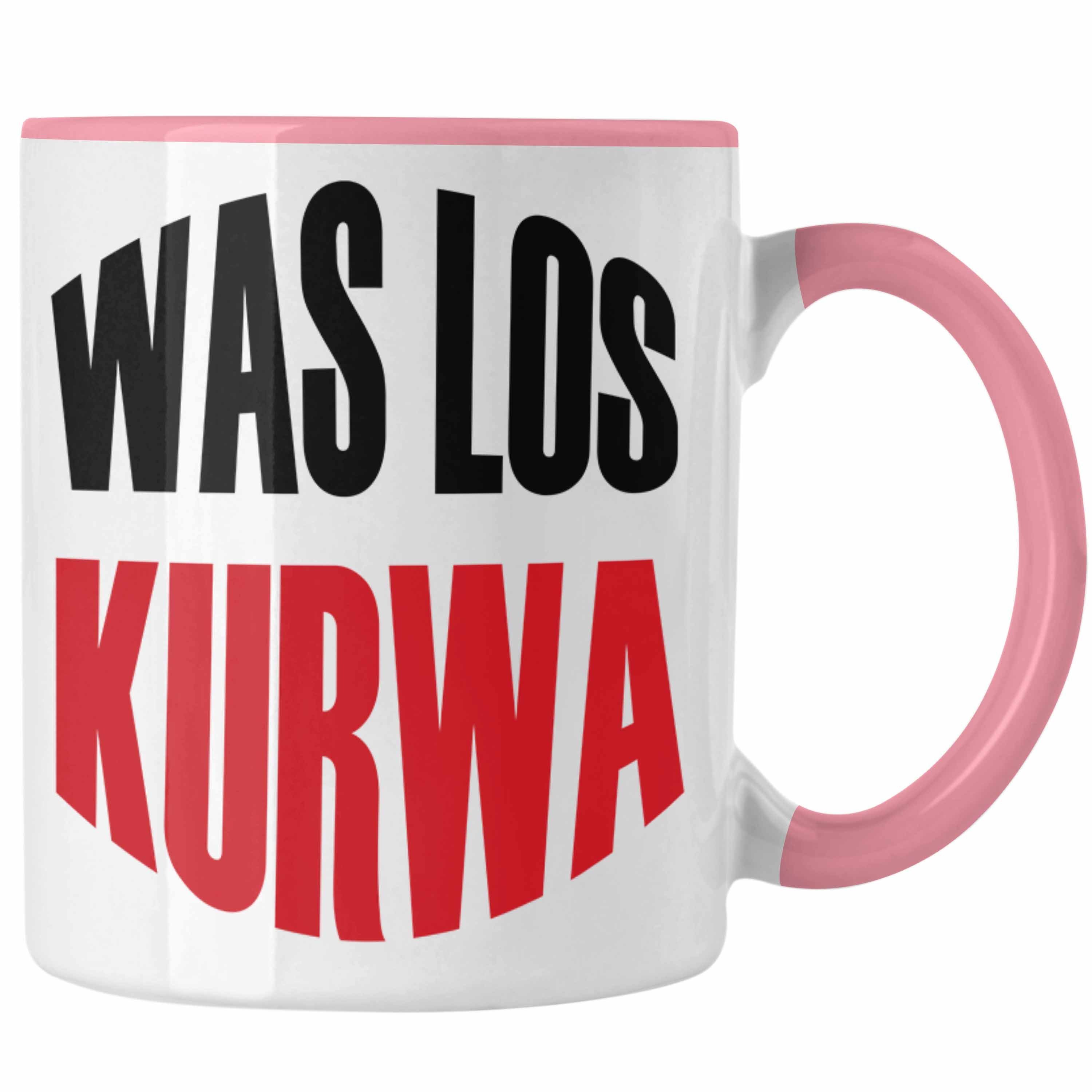 Trendation Tasse Lustige Tasse Spruch "Was Los Kurwa" Polen Polnisches Geschenk Rosa