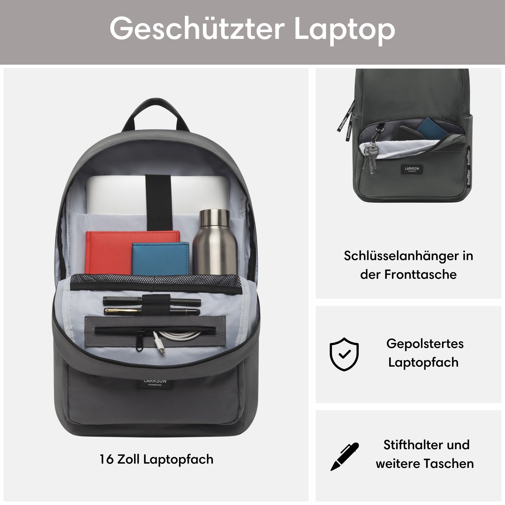 LARKSON Schulrucksack No 3 Rucksack Schule Mädchen Jungen Teenager (1-tlg), Seitentasche, Laptopfach, Wasserabweisend