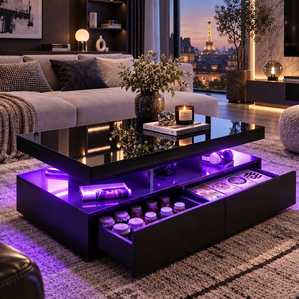 PXloue Couchtisch LED-Couchtisch mit Stauraum und modernem Design (Hochglänzender), Praktischer Tisch mit Schubladen und integrierter Beleuchtung