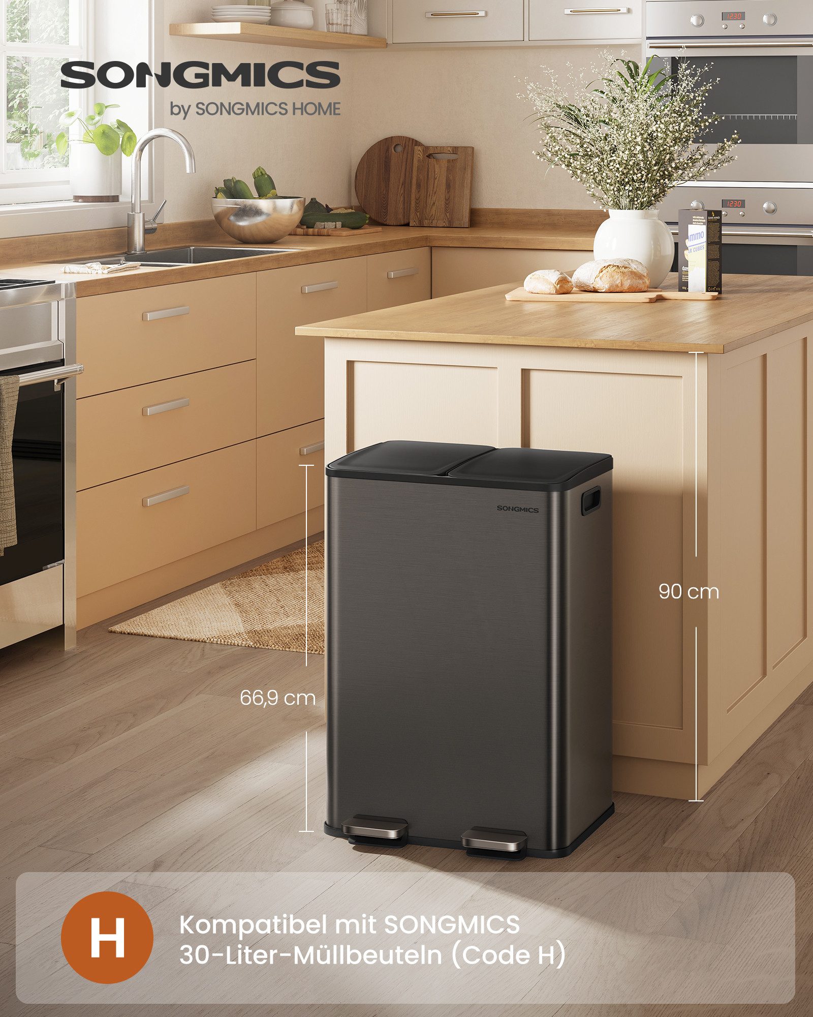 SONGMICS Mülleimer Mülltrennsystem, Mülleimer Küche, 2 x 30 Liter, 2 Fächer, Abfalleimer, Softclose