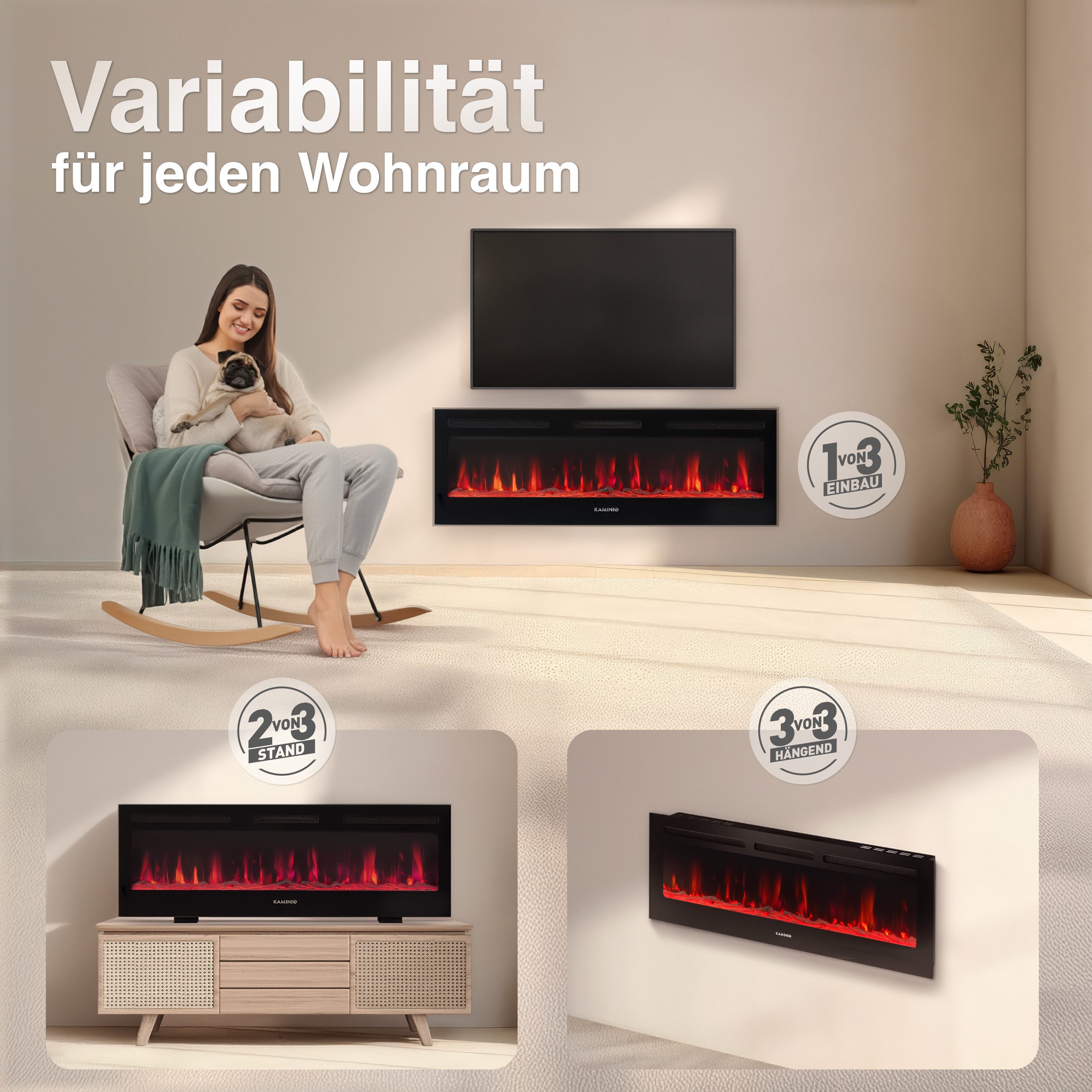 KAMINIO Elektrokamin MARLON, 3in1 Kamin: Elektrischer Stand-, Wand- und Einbaukamin, Heizung 1800W
