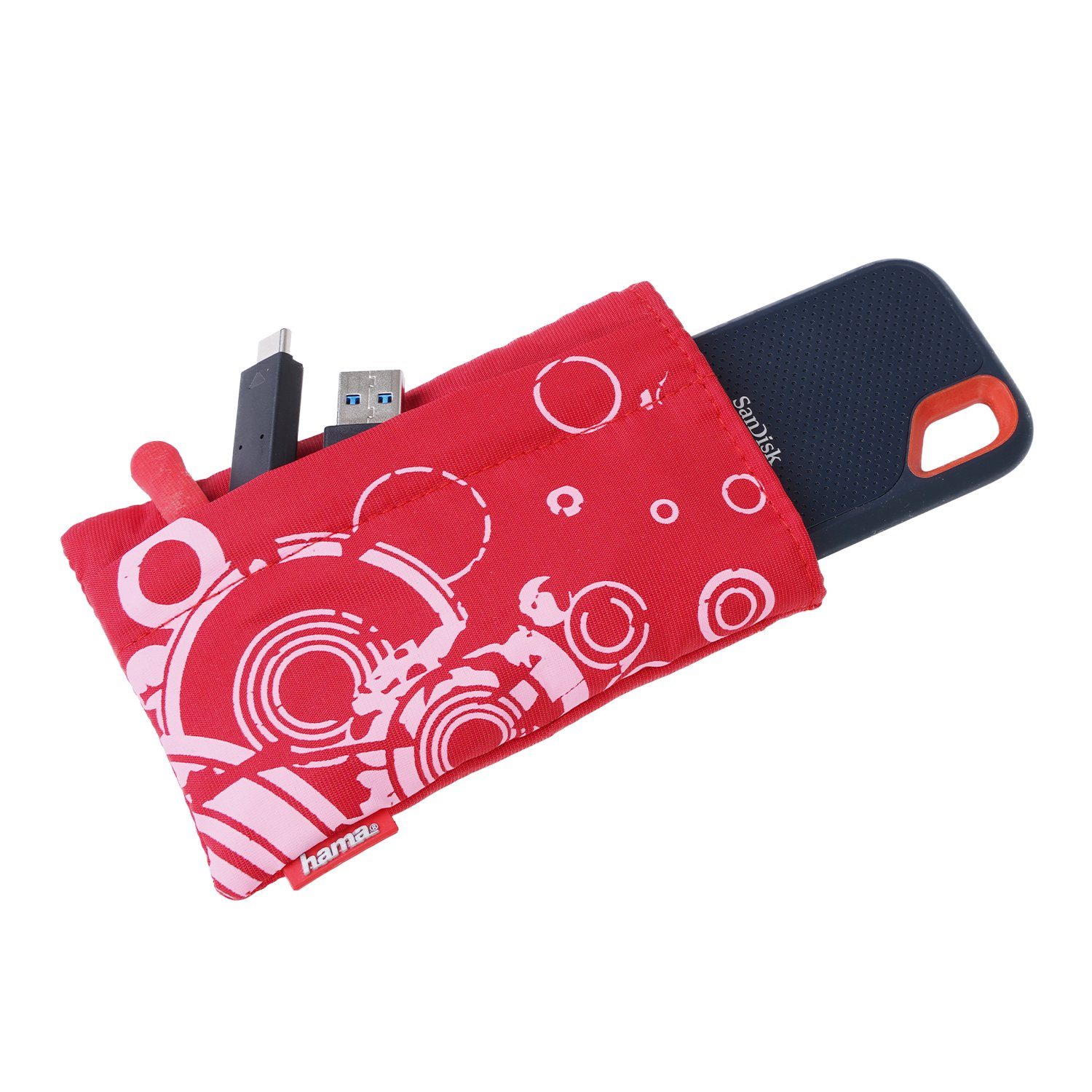 Hama Festplattentasche Tasche Print Rot 1,8" Case Schutz-Hülle Cover, Tragegurt Aufbewahrung 1,8" Zoll externe HDD tragbare Festplatte PC