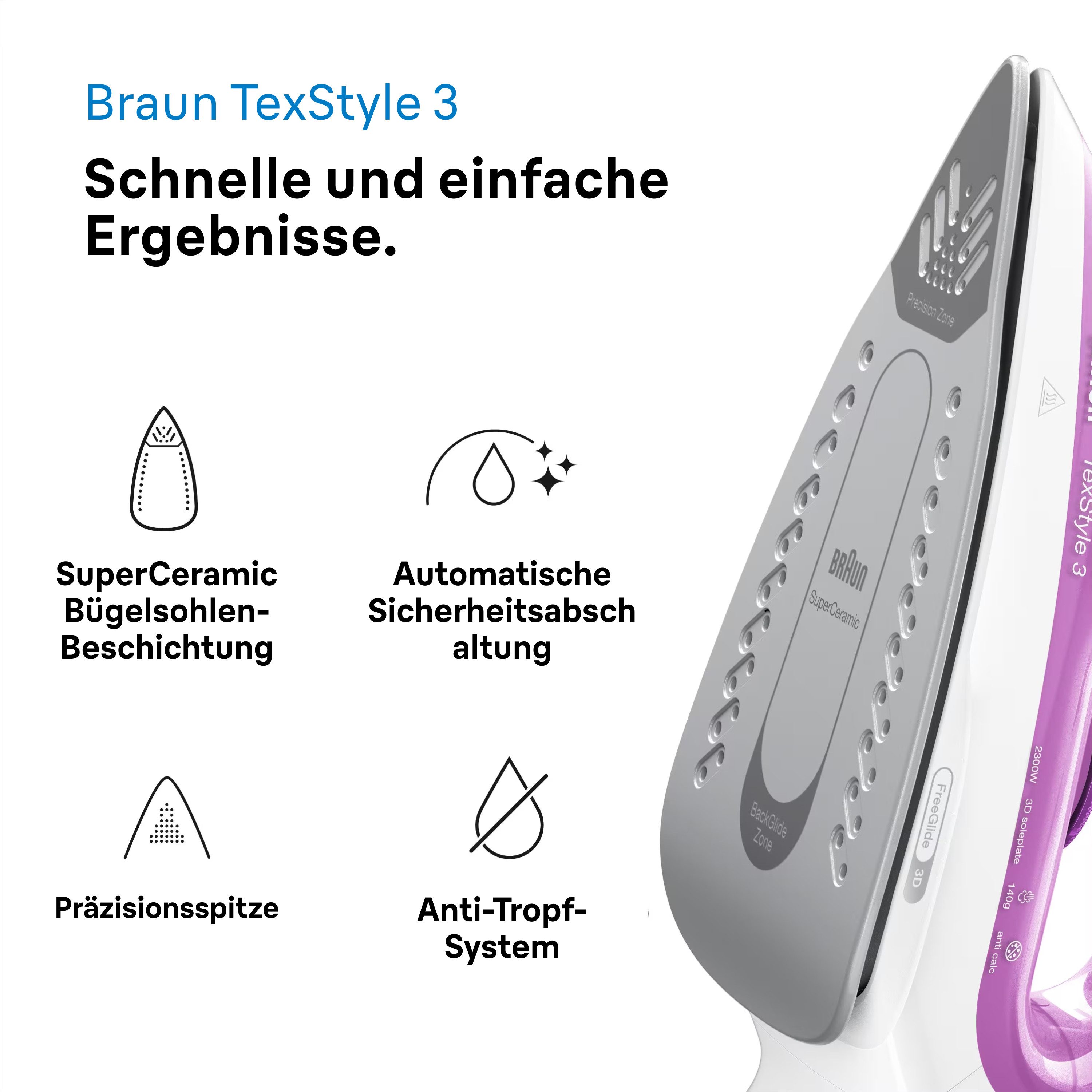 Braun Dampfbügeleisen TexStyle 3 SI 3030 PU - 2.300 W, 140 g Dampfstoß, 270 ml Wassertank, 2300 W, 45 g Dampfmenge, SuperCeramic Bügelsohle, 35 Sek. Aufheizzeit