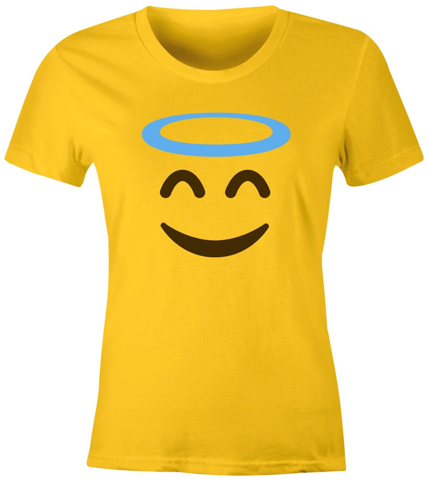 MoonWorks Print-Shirt Damen T-Shirt Emoticon Gruppenkostüm Fasching Karneval Junggesellenabschied JGA lustig Fun-Shirt Moonworks® mit Print Engel gelb