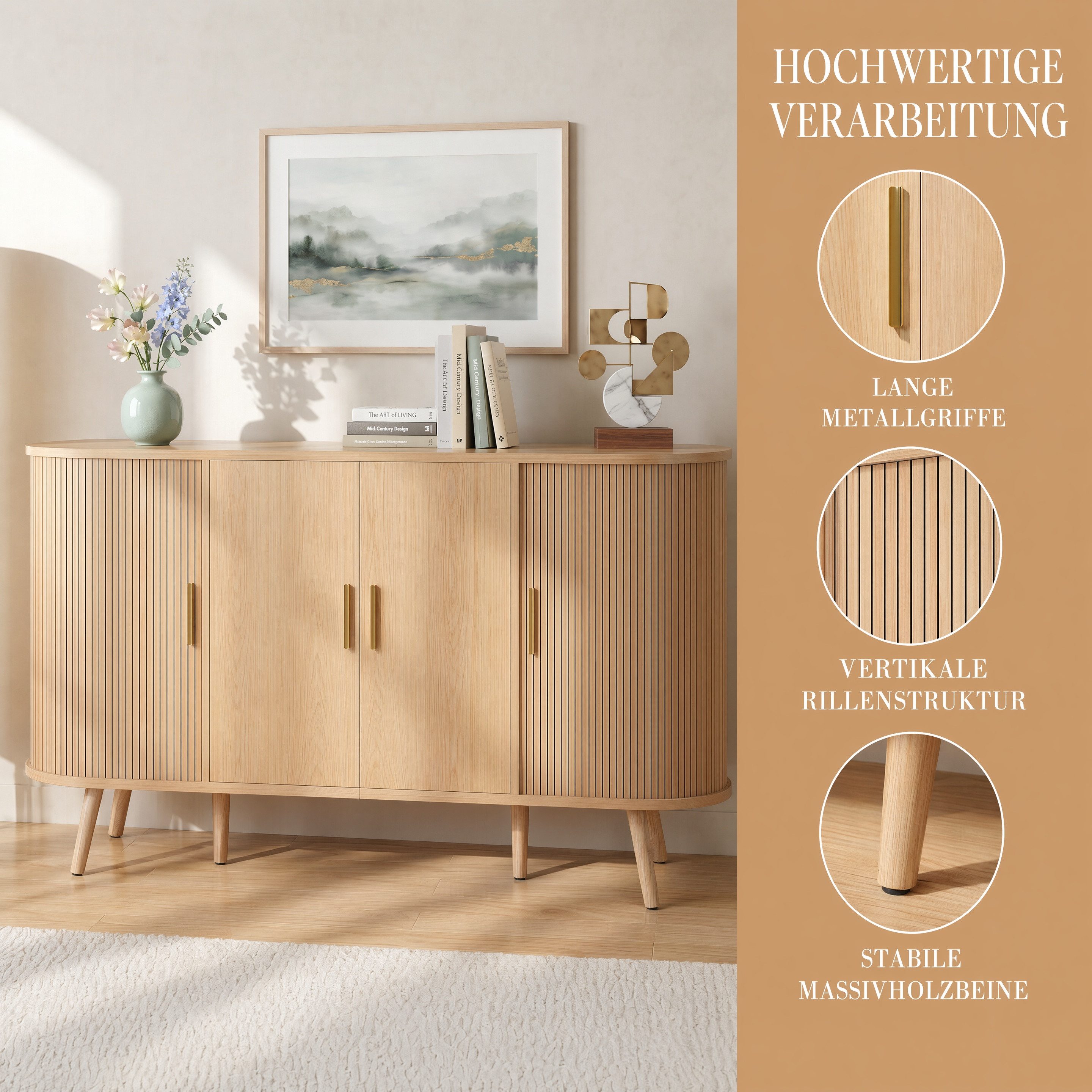 Totnz Sideboard mit 2 Drehtüren und 2 Schiebetüren, mit verstellbarem Einlegeboden (Rillendesign, Metallgriffen und Massivholzbeinen), für Esszimmer und Flur