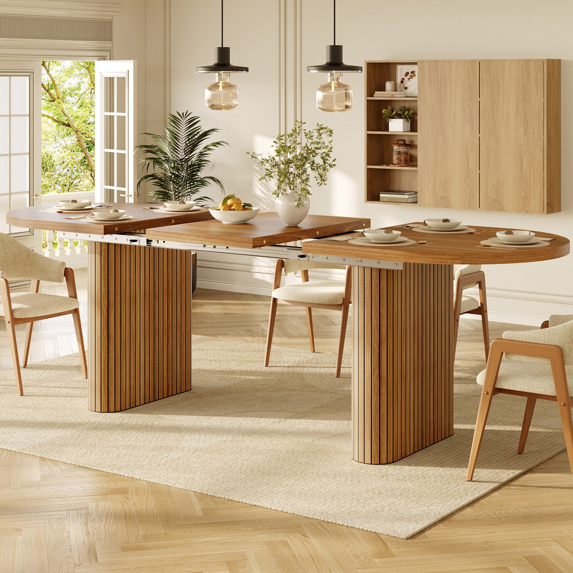 i@home Esstisch 120-160cm Ovale Esstisch für 6-8 Personen, ausziehbarer Esstisch, ovaler Holztisch mit vertikaler Struktur, belastbar bis 60kg, 3 Farben