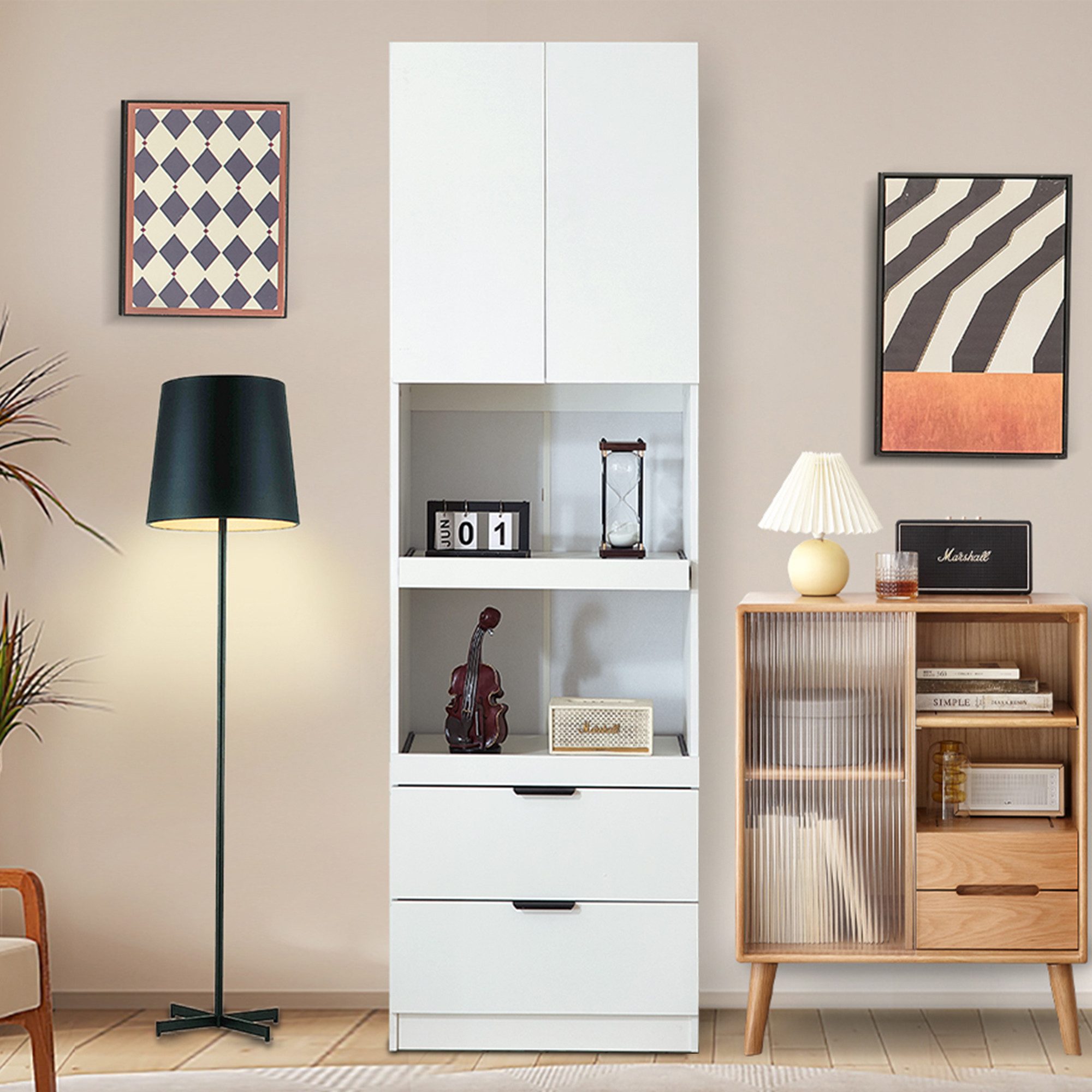Ulife Hochschrank Küchenschränke, Lagerschränke, Multifunktionsschränke 2 Türen, 2 Schubladen, Mikrowellenregale, mit Kippschutz – Bild 5 von 5