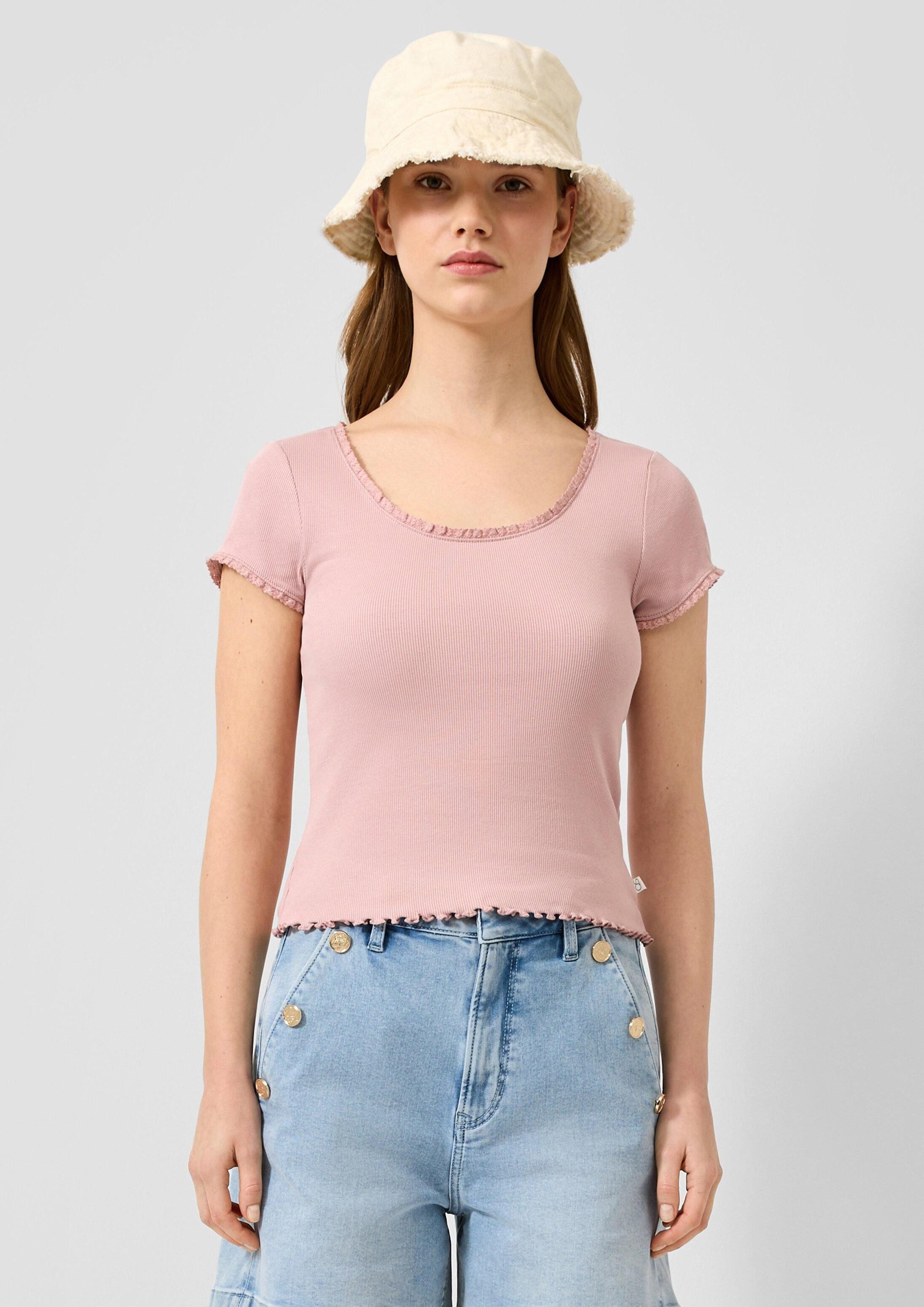 QS Kurzarmshirt T-Shirt Rippshirt mit Spitzenkante