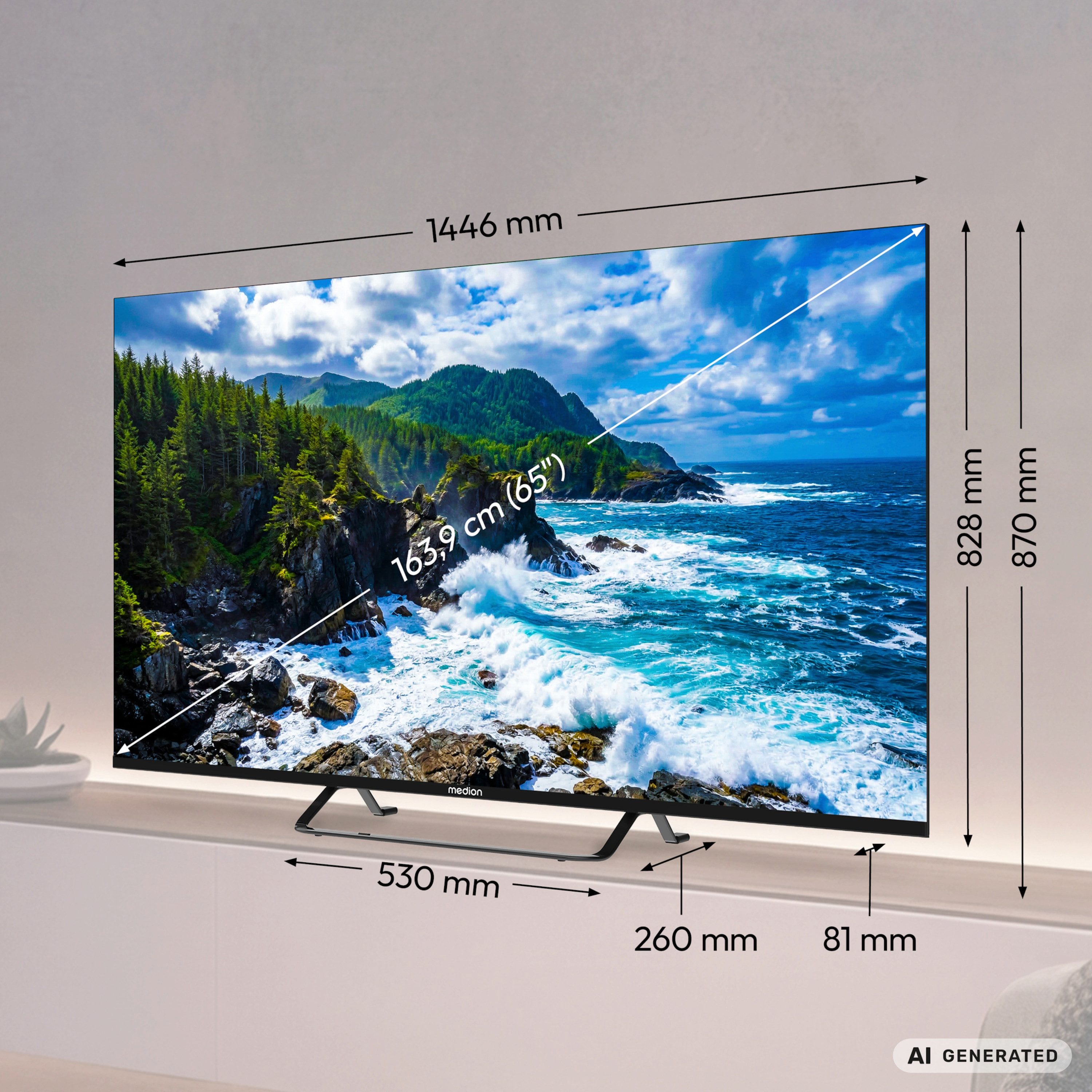 MEDION LIFE MD 865701 QLED Google TV™ (2026), 163,9 cm (65'') Ultra HD Display, HDR (High Dynamic Range), Dolby Vision®, MEMC, Bluetooth®, PVR ready, Netflix, Prime Video, Disney+, App Store schwarz