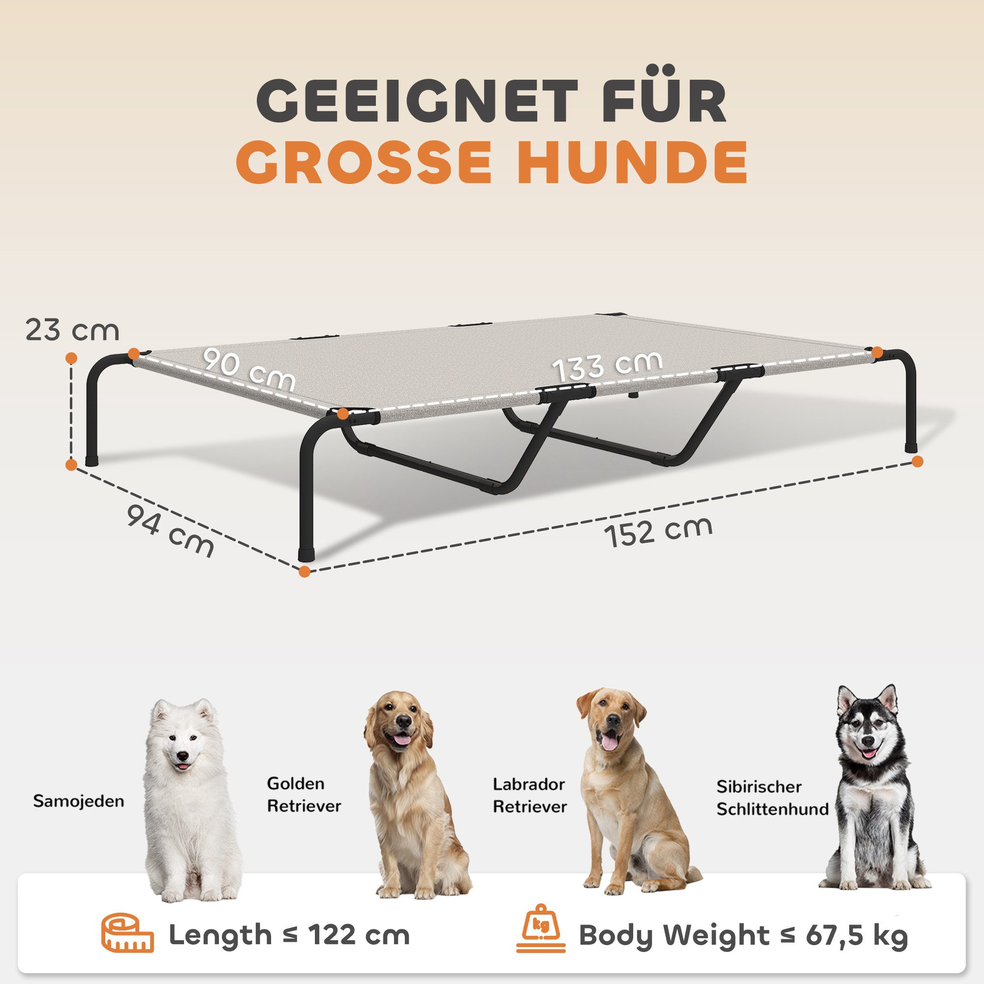 PawHut Tierbett Erhöhtes Hundebett, Texteline, erhöhtes Hundebett für große Hunde, mit Stahlrahmen, Beige