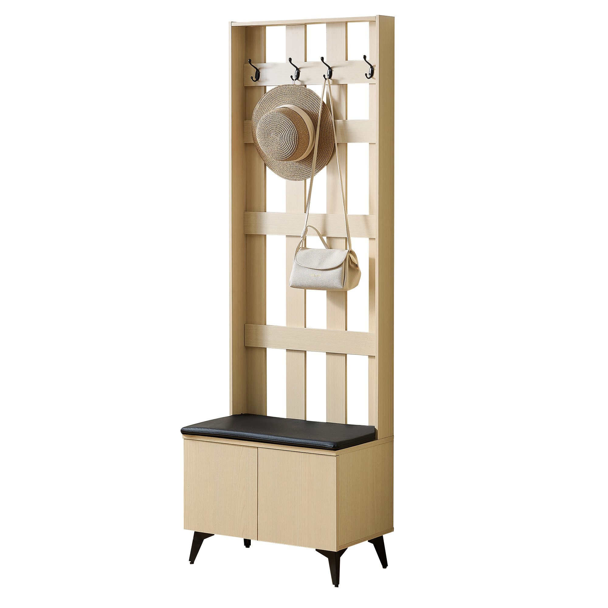 Refined Living Garderoben-Set Garderobe mit Sitzbank & 4 Kleiderhaken, Stauraum-Schrank,Flurschrank, (60×35×179,5 cm, Schuhschrank Flur Garderobe, Kleiderhaken Garderobe Eingang, Schuhbank mit Haken Garderobe,Eingangsbereich Möbel Garderob,4 Haken für Jacken und Taschen, Schwarze Stahlbeine, 1-St., Platzsparendes, Hochwertige Materialien & stabile Konstruktion), für Flur,Wohnzimmer,Eingangsbereich,Wohnung,Schlafzimmer,Büro