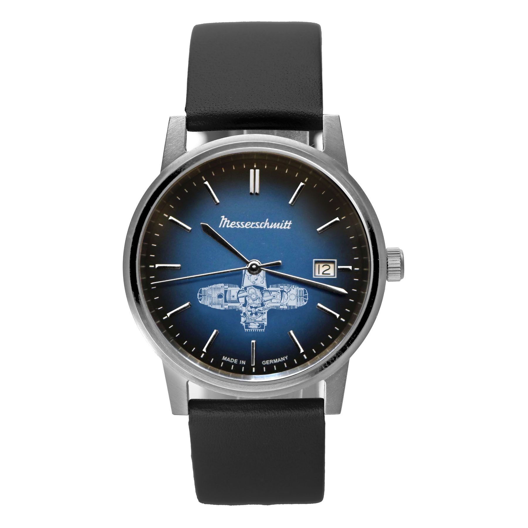 Messerschmitt Quarzuhr ME-Boxer 14, Zifferblatt: Blau, Herrenuhr Lederband Schwarz - Made in Germany