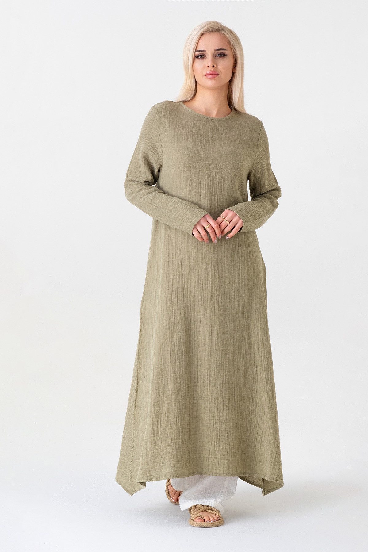WENOR Longtunika Damen Musselin Longbluse Langarm mit Seitenschlitzen Modest Fashion extra langer Schnitt für bedeckte Looks