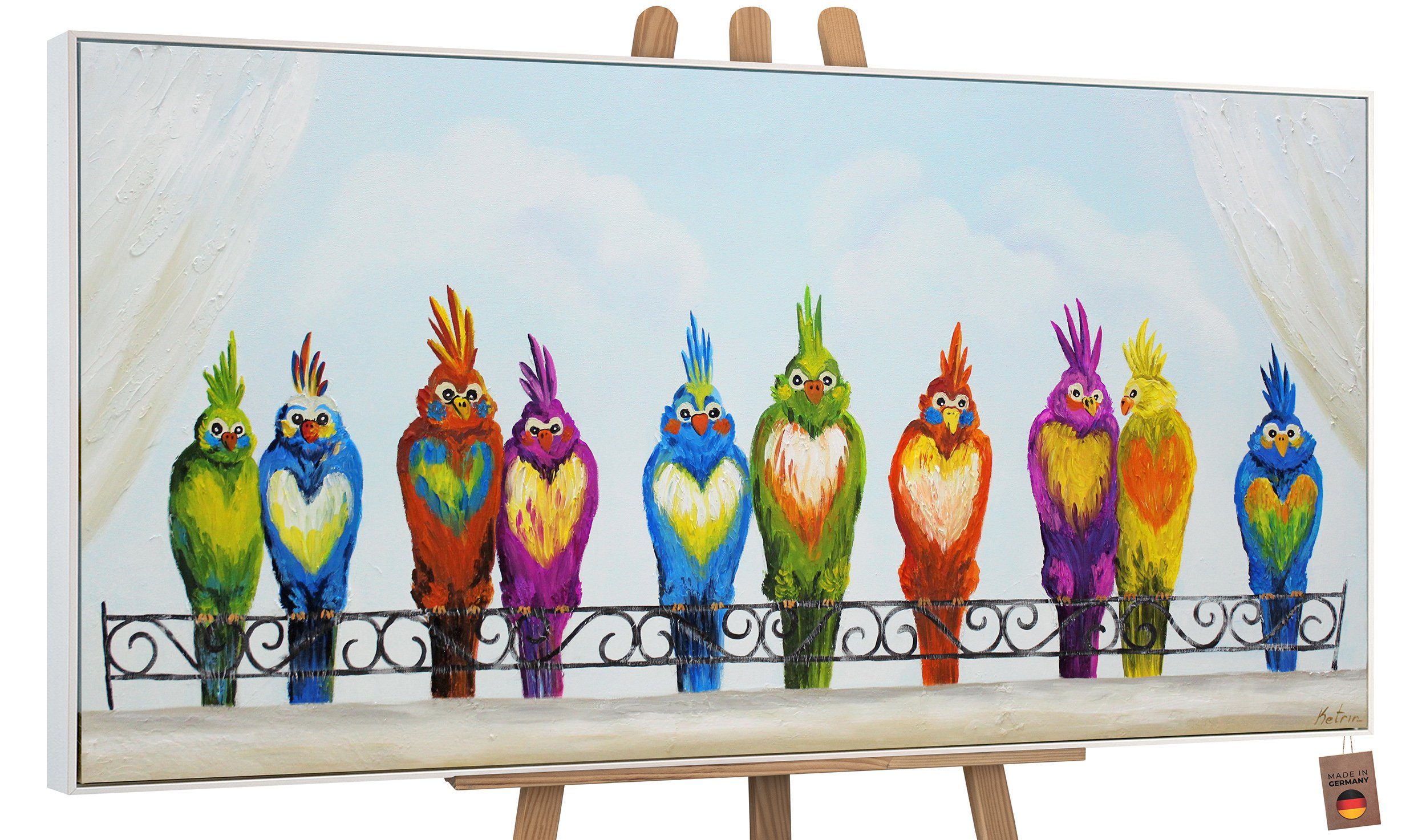 YS-Art Gemälde Lustige Vögel, Tiere, Papagei auf Leinwand Bild Handgemalt Bunte Lustige Vögel Mit Rahmen in Weiß