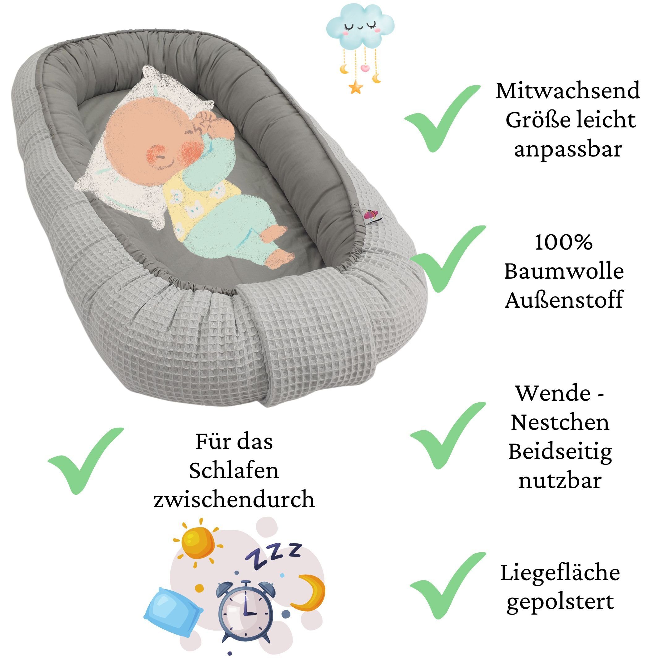 Babymajawelt Kuschelnest Babynest Waffelstoff mitwachsend – Unifarben & gemütlich, (Set, 1-tlg., 1x Babynestchen verstellbar, inkl. Tragetasche), Made In EU, für den Schlaf zwischendurch, Bettverkleinerung