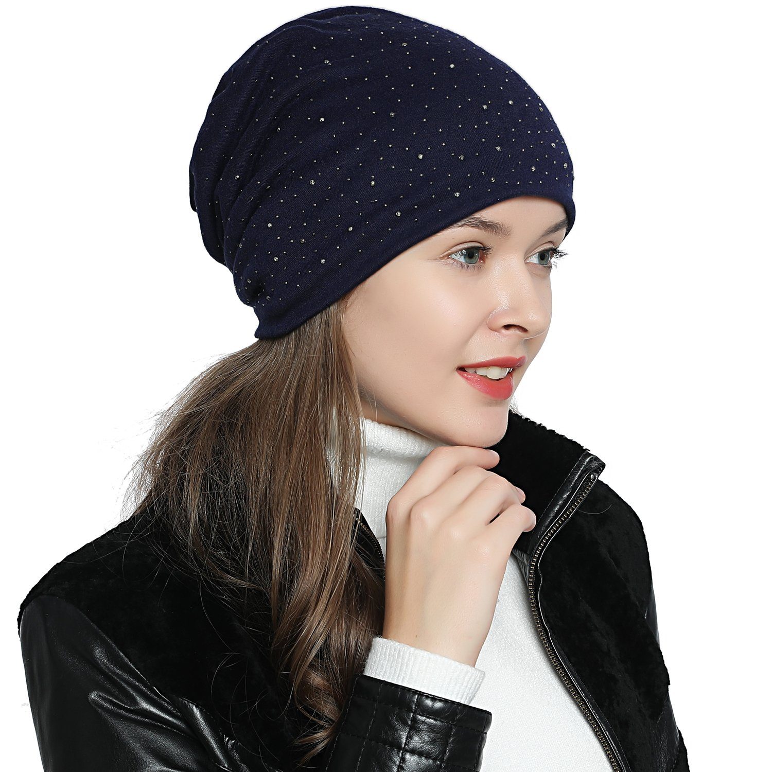 DonDon Beanie Damen Slouch Nieten (Packung, 1-St) Wintermütze, Beanie mit Pailletten und Teddyfleece