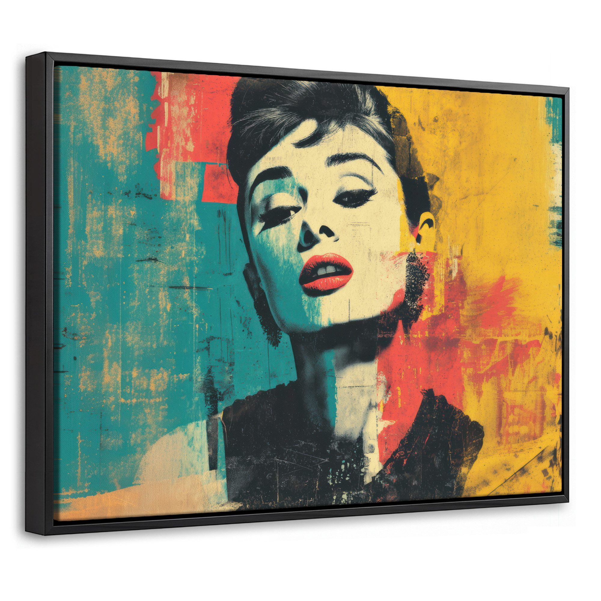 OneMillionCanvasses® Leinwandbild mit Rahmen - Frau - Rote Lippen - Ausdrucksstark - Grafik, Fotodruck (1 St), Wandbild mit Schattenfugenrahmen, Aufhängefertig, Wand Deko 40x30cm