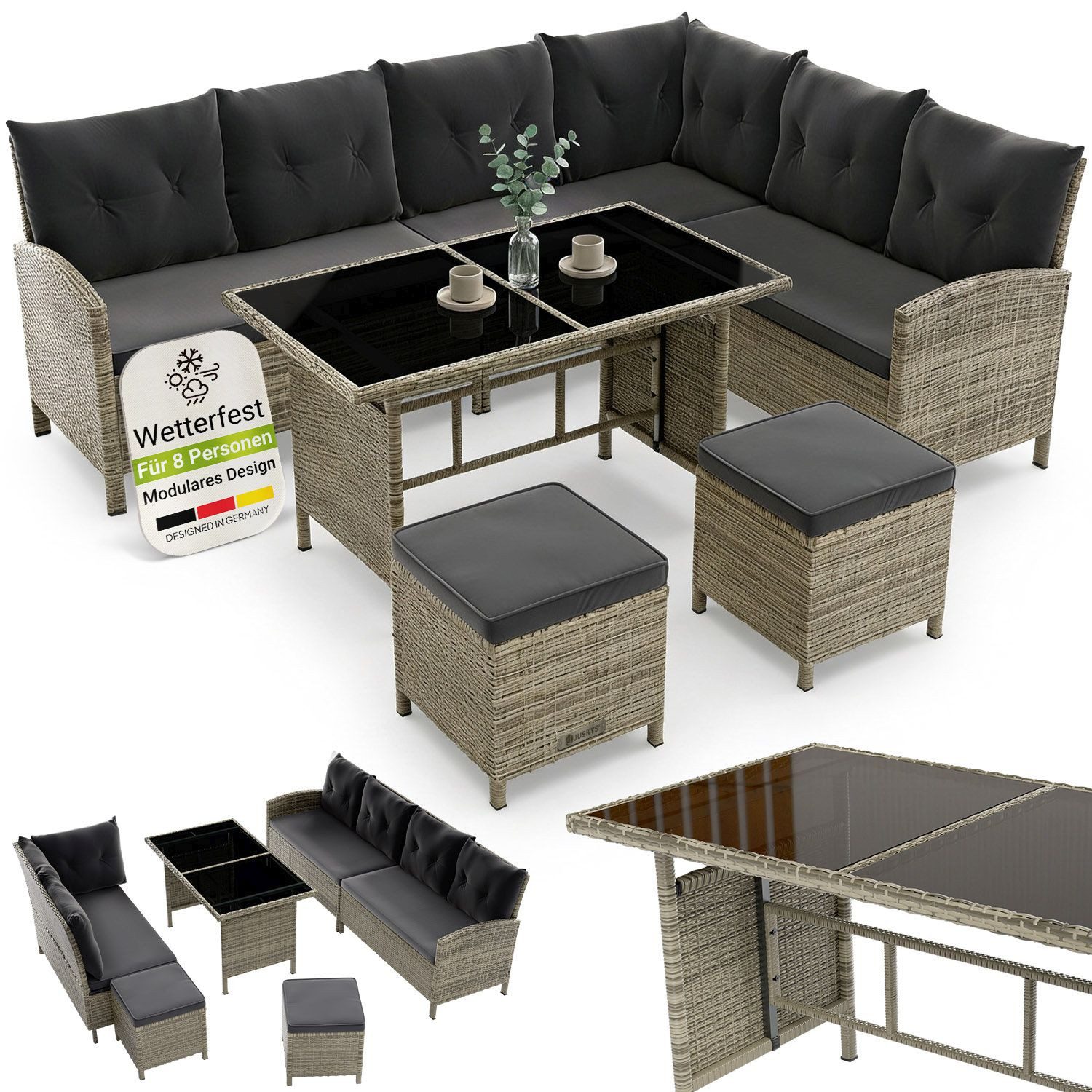 Juskys Gartenlounge-Set Manacor, (Gartenlounge), Polyrattan Gartenmöbel-Set mit Garten-Sofa, Garten-Tisch und 2 Hocker