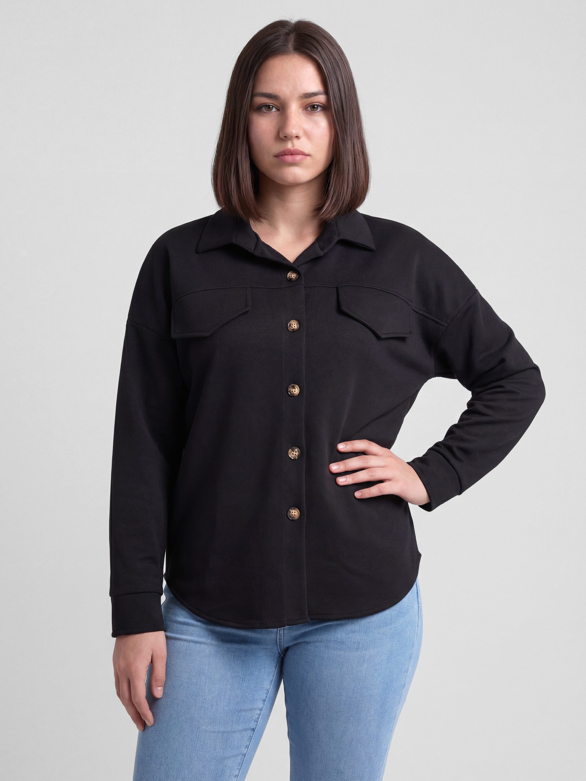 PEKIVESSA Hemdbluse Jersey-Bluse Langarm Blusenjacke aus elastischem Jerseystoff