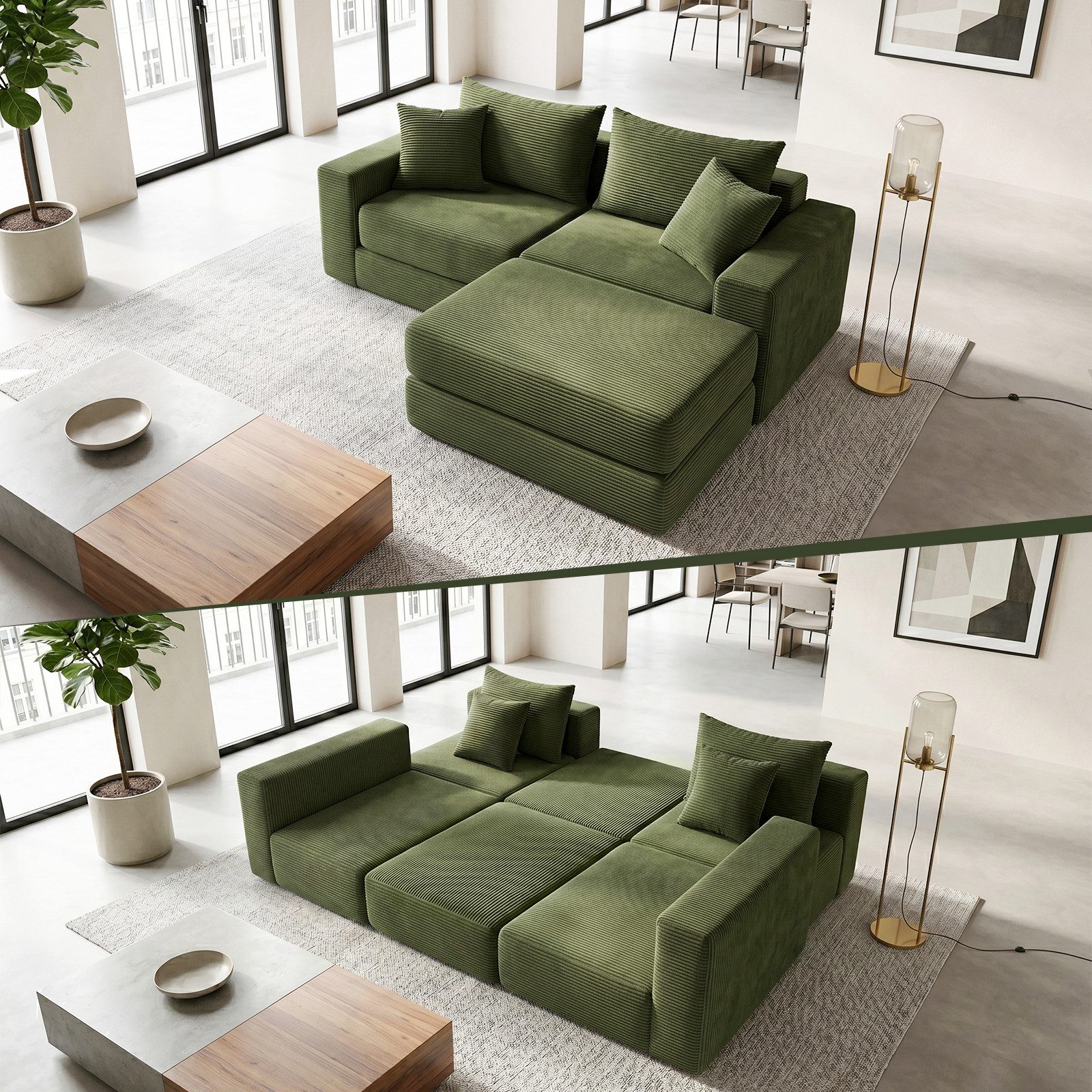 ANYSUN Sofa Sofas Wohnzimmer, Cord-Schlafsofa, Modulares Sitzgruppe Sofa, Knochenloses Sofa mit Anti-Rutsch-Basis,mit Bettfunktion, modulares Schlafsofa für Wohnzimmer, Schlafzimmer, Wohnung und Büro
