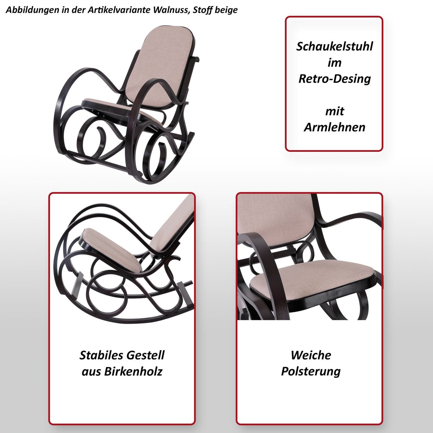 MCW Schaukelstuhl Gallarate, Retro-Design, Stabiles Gestell, Weiche Polsterung, Schaukelfunktion