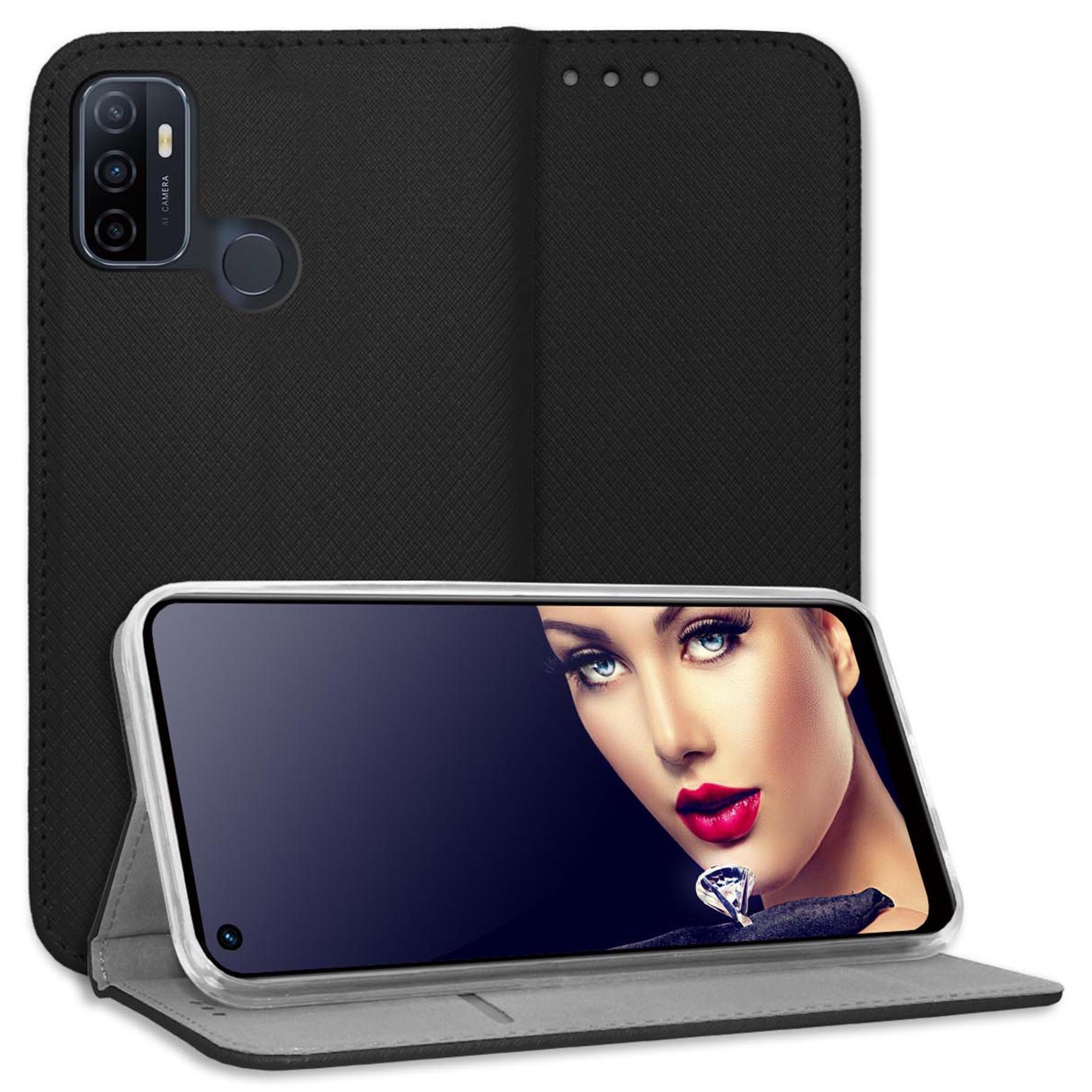 mtb more energy Smartphone-Hülle Smart Magnet für Oppo A53 / A53s, Schwarz, Bookstyle Klapphülle Cover Wallet Case aus Kunstleder