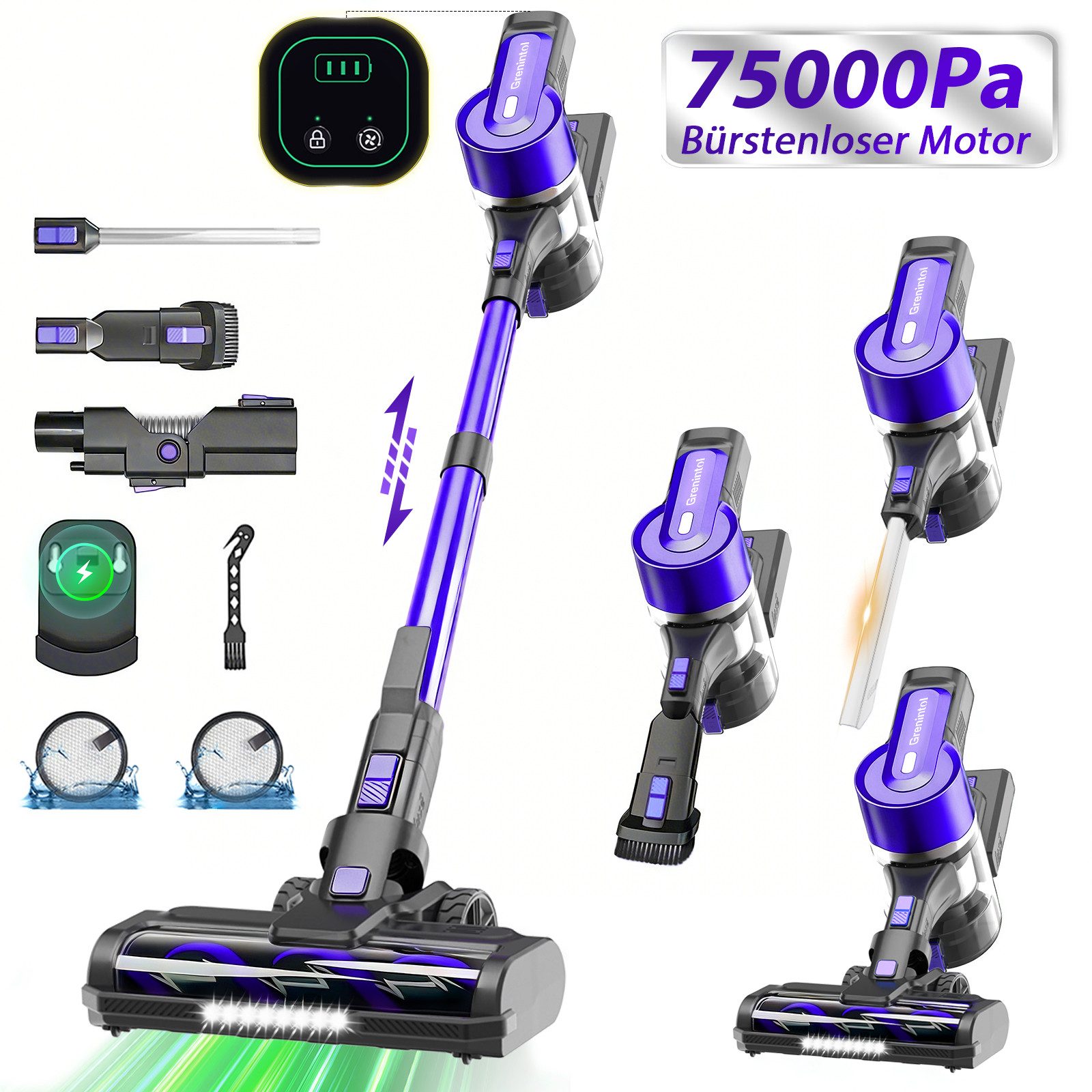 Grenintol Akku-Hand-und Stielstaubsauger Akku Staubsauger 75000Pa/500W/60min Staubsauger Kabellos, 500 W, beutellos, 1.2L Staubbehälter, LED-Bodenbürste, 8-in-1, Mit HEPA