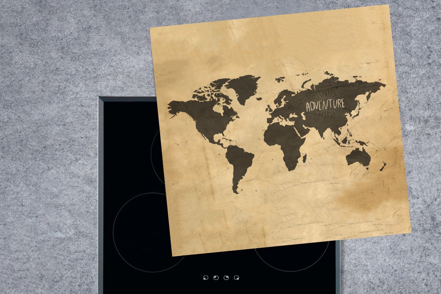 - Weltkarte für Arbeitsplatte Herdblende-/Abdeckplatte MuchoWow - (1 Vinyl, küche Ceranfeldabdeckung, cm, 78x78 Braun tlg), Vintage,