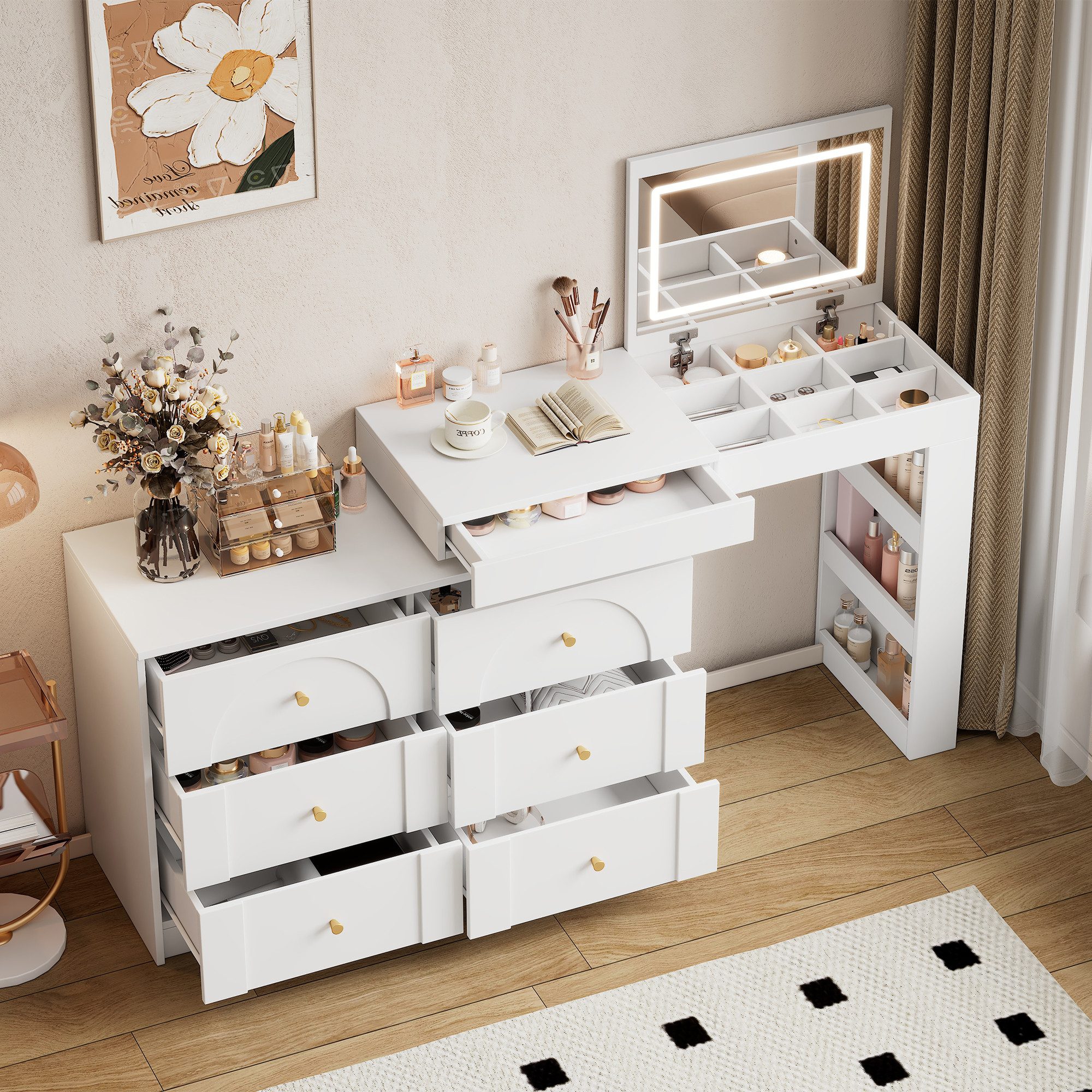 Flieks Schminktisch, Schminkkommode 105x40x80cm mit drehbarem Beistelltisch günstig online kaufen