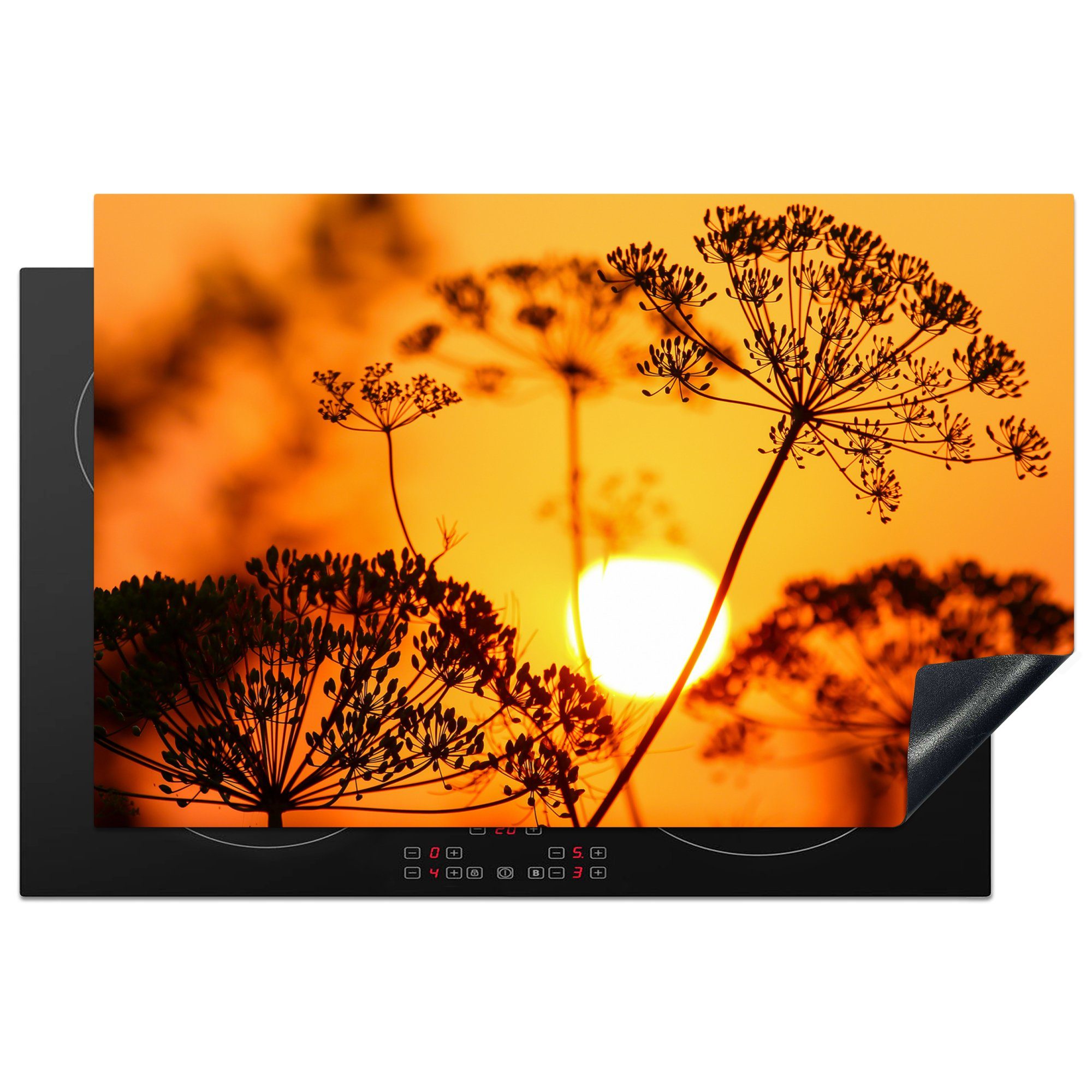 MuchoWow Herdblende-/Abdeckplatte Pflanzen - Blumen - Sonnenuntergang - Orange, Vinyl, (1 tlg), 81x52 cm, Induktionskochfeld Schutz für die küche, Ceranfeldabdeckung