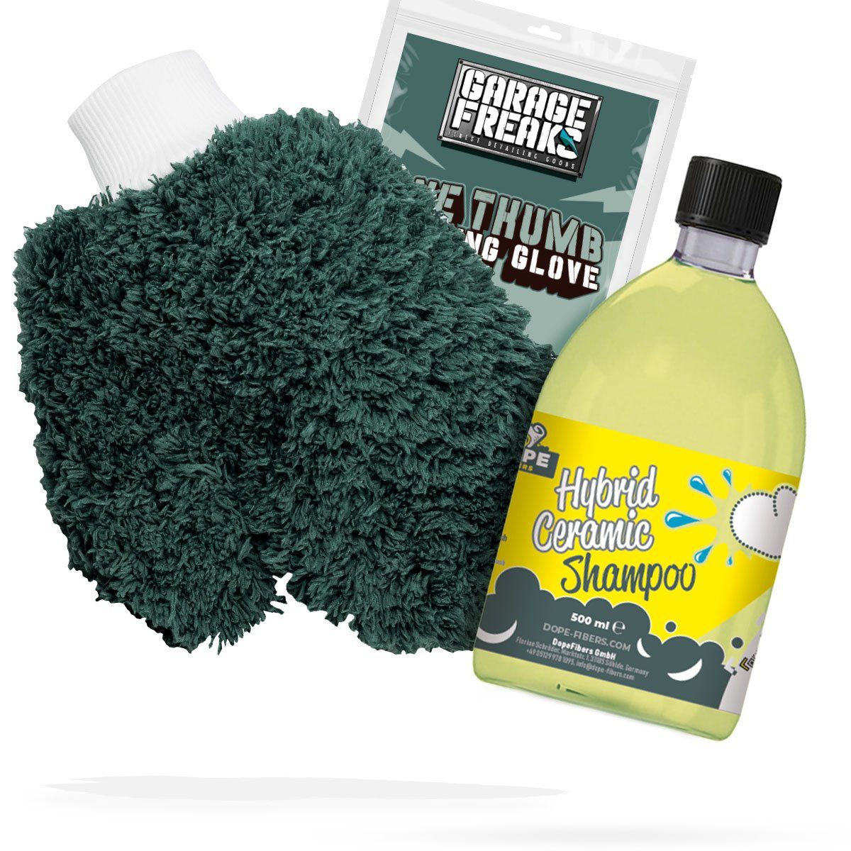 detailmate Auto Waschhandschuh Waschset - Garage Freaks + Autoshampoo DopeFibers Auto-Reinigungsmittel (Autowäsche - Reinigungs Set - Mikrofaser - Auto Reinigung)