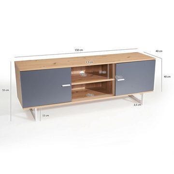 Wohnling Lowboard WL6.824 (Eiche-Dekor Grau, 150x55x40 cm, zwei Türen), TV-Kommode Hoch, TV-Schrank Modern Fernsehtisch